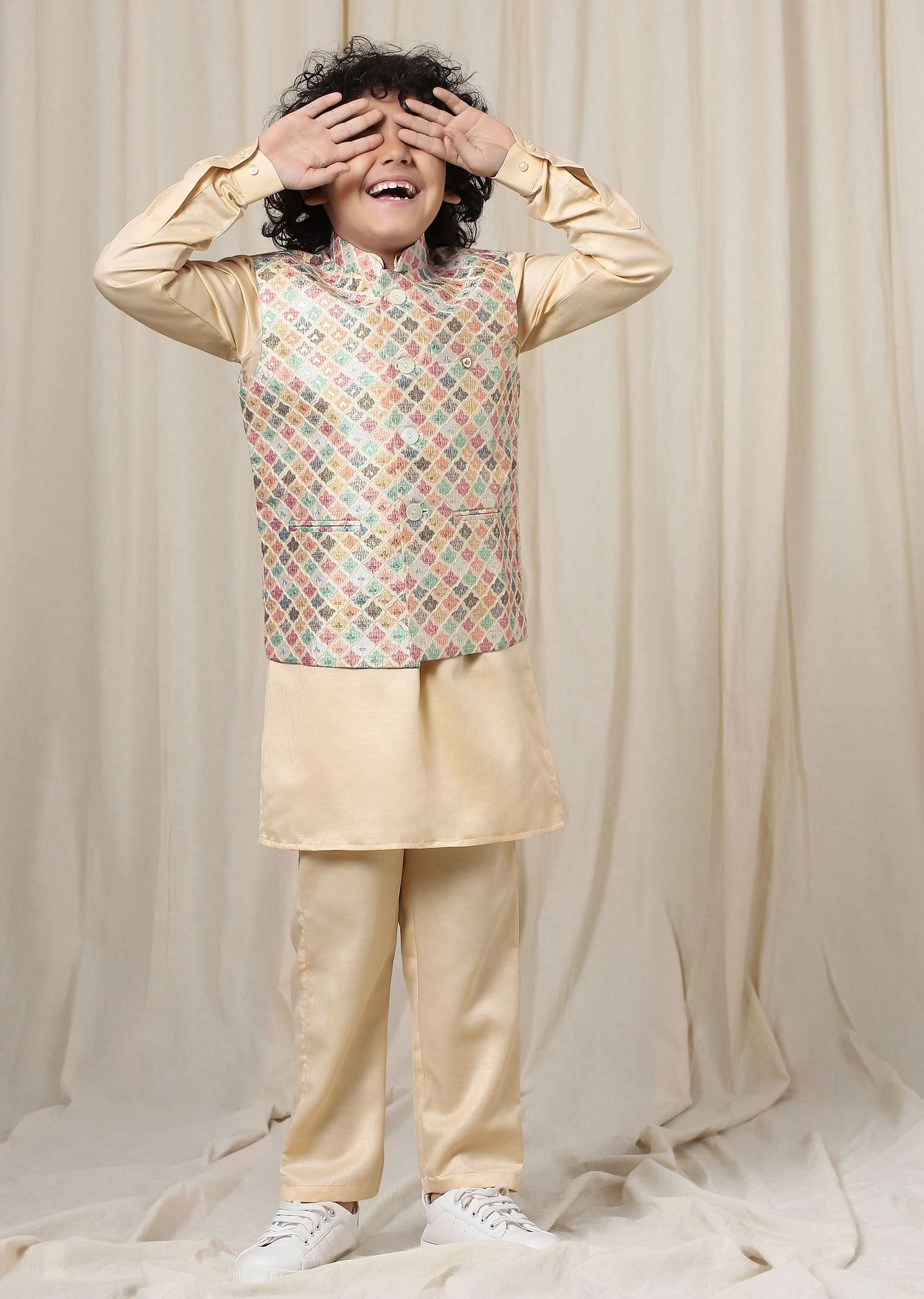 Kalki Autumn Blonde Beige Kurta Set In Silk With Multicolor Bandi Jacket For Boys - Image 3