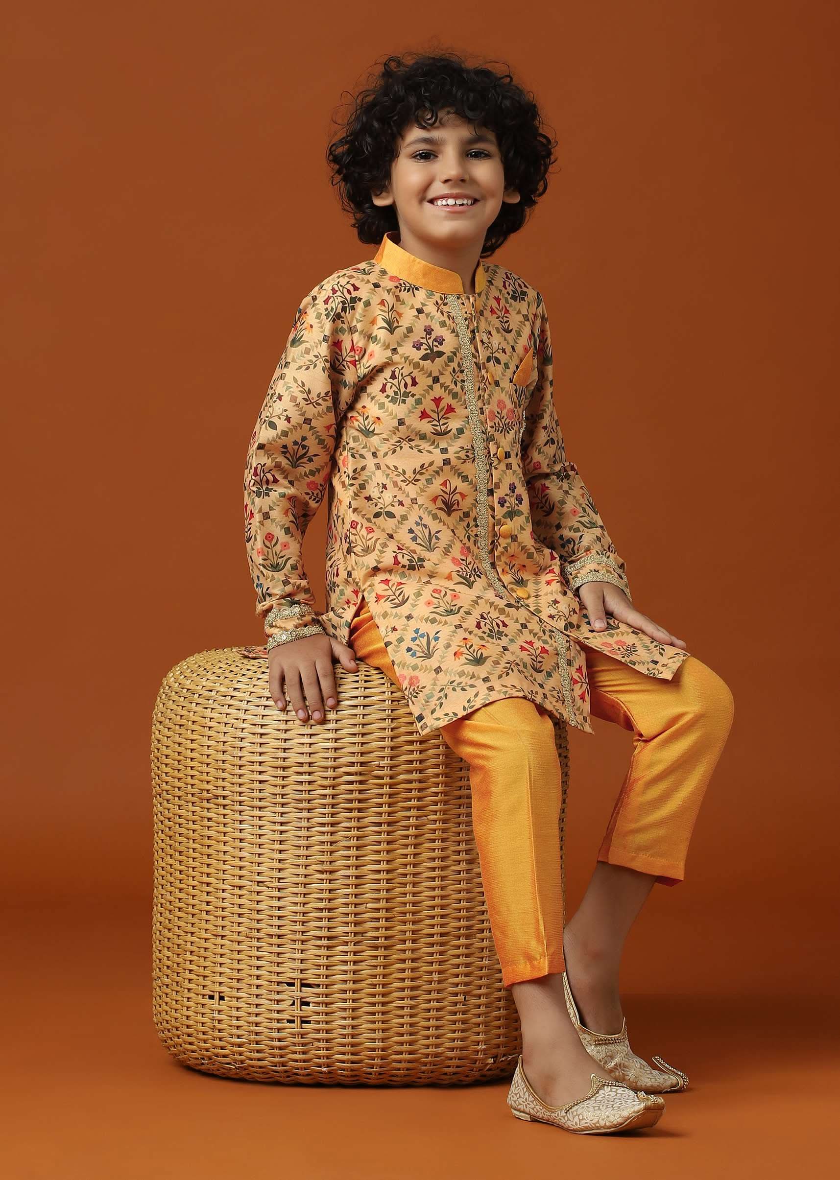 Kalki Beige Orange Printed Kurta Pant Set In Cotton Silk - Image 3