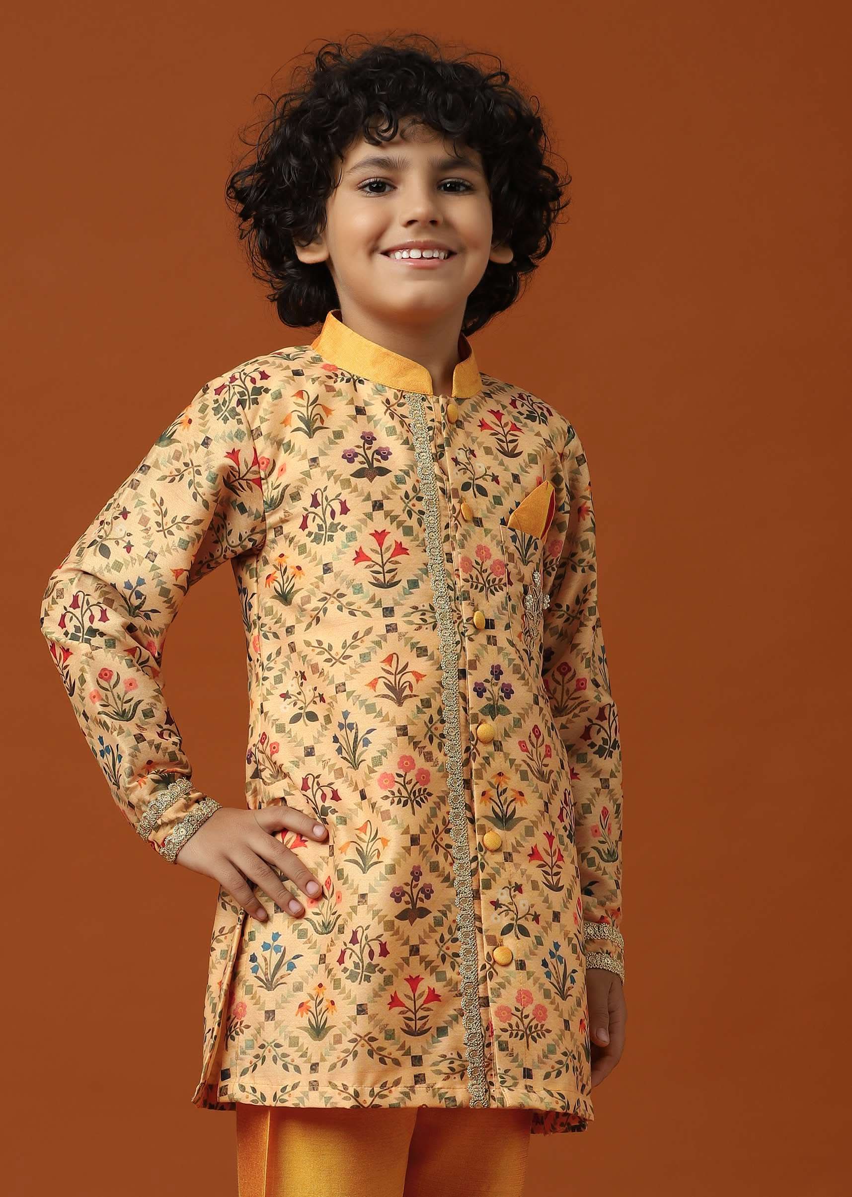 Kalki Beige Orange Printed Kurta Pant Set In Cotton Silk - Image 4