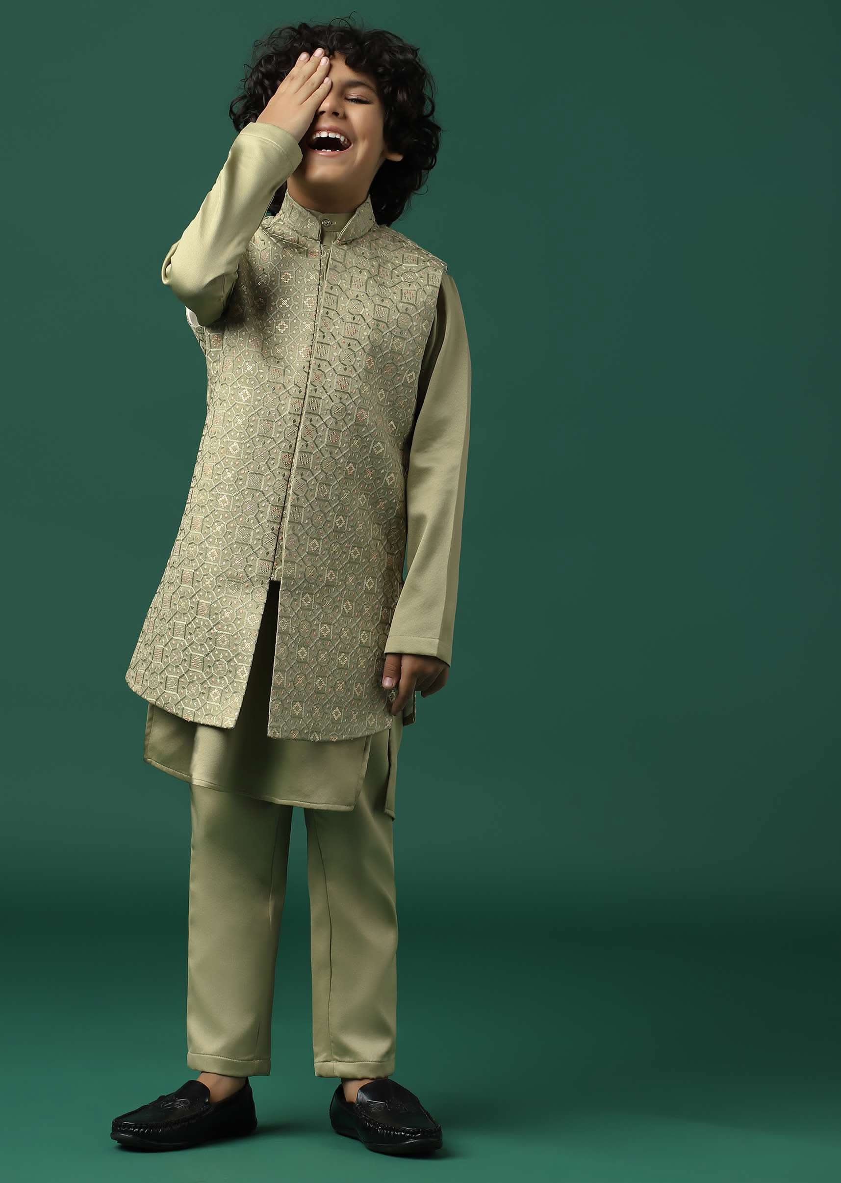 Kalki Beige Sherwani Set In Satin With Threadwork And Sequins Embroidery For Boys - Image 3