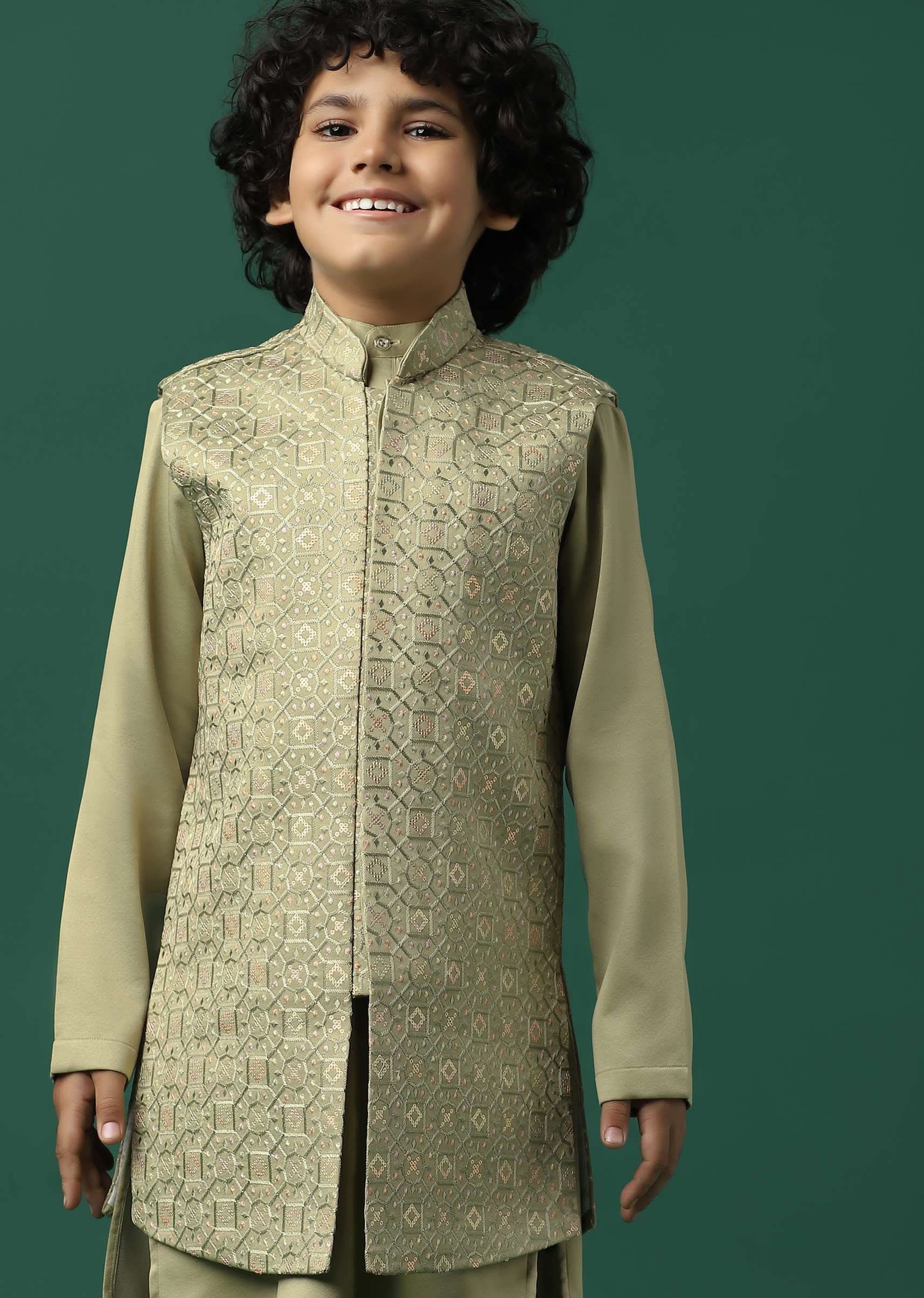 Kalki Beige Sherwani Set In Satin With Threadwork And Sequins Embroidery For Boys - Image 5