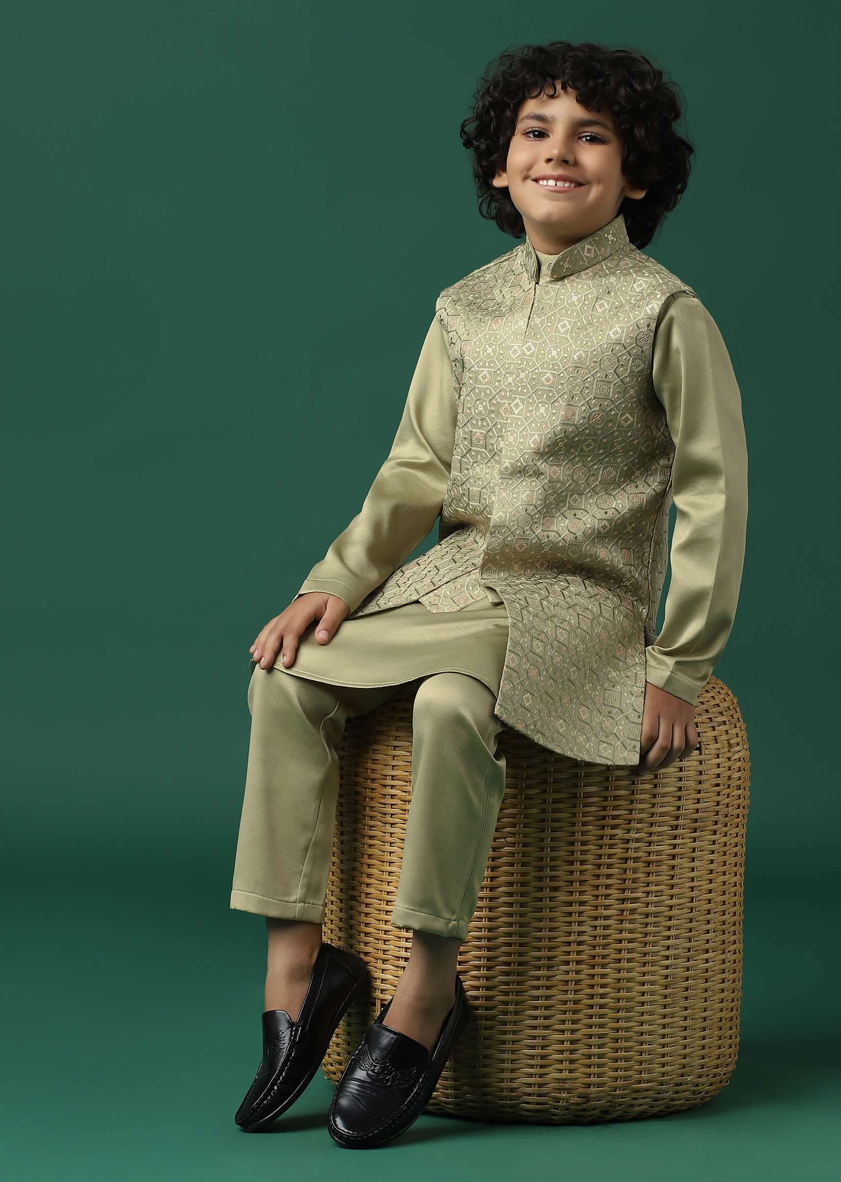 Kalki Beige Sherwani Set In Satin With Threadwork And Sequins Embroidery For Boys - Image 9