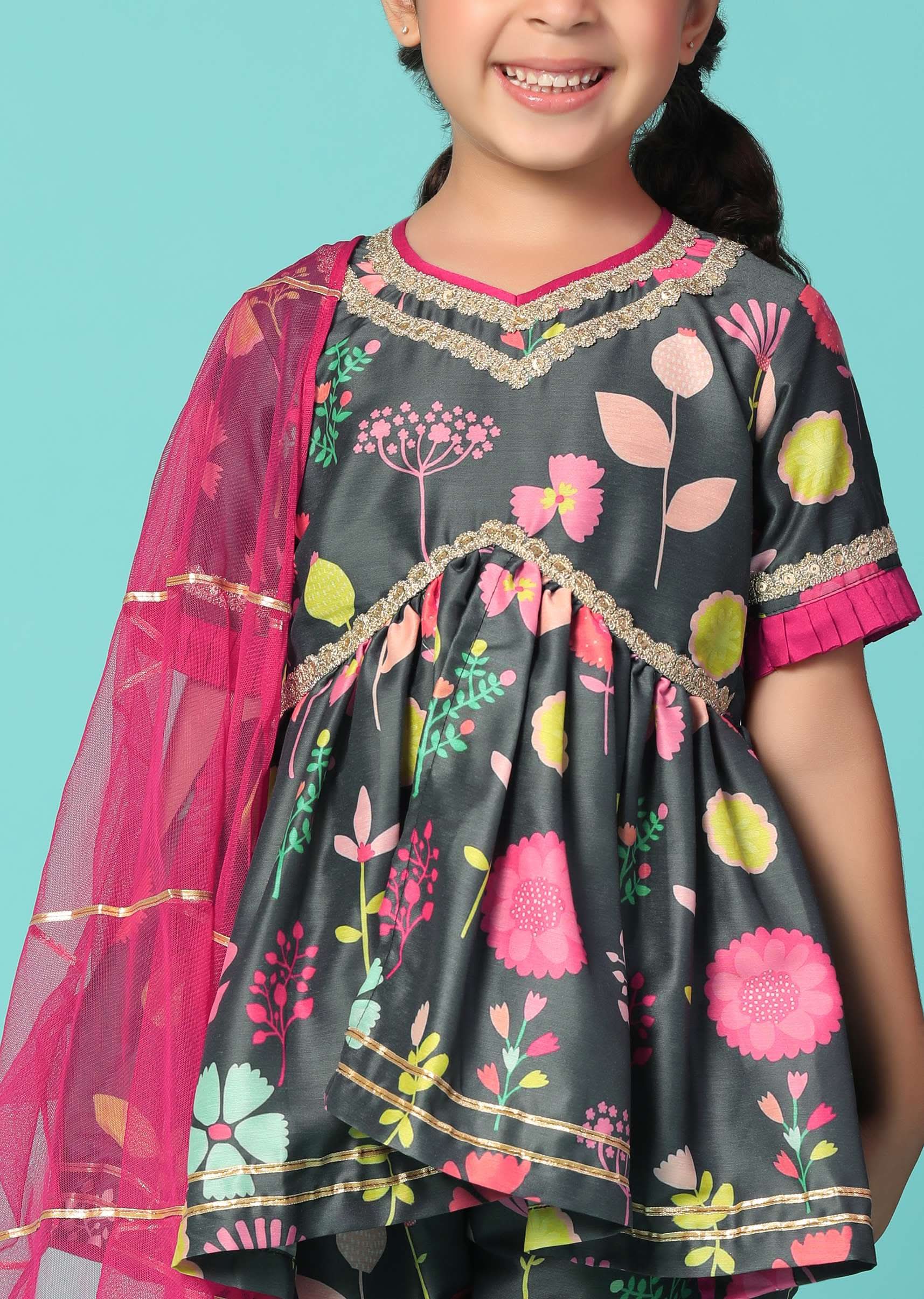 Kalki Black Printed Kurta And Sharara Set In Cotton Silk For Girls - Image 4