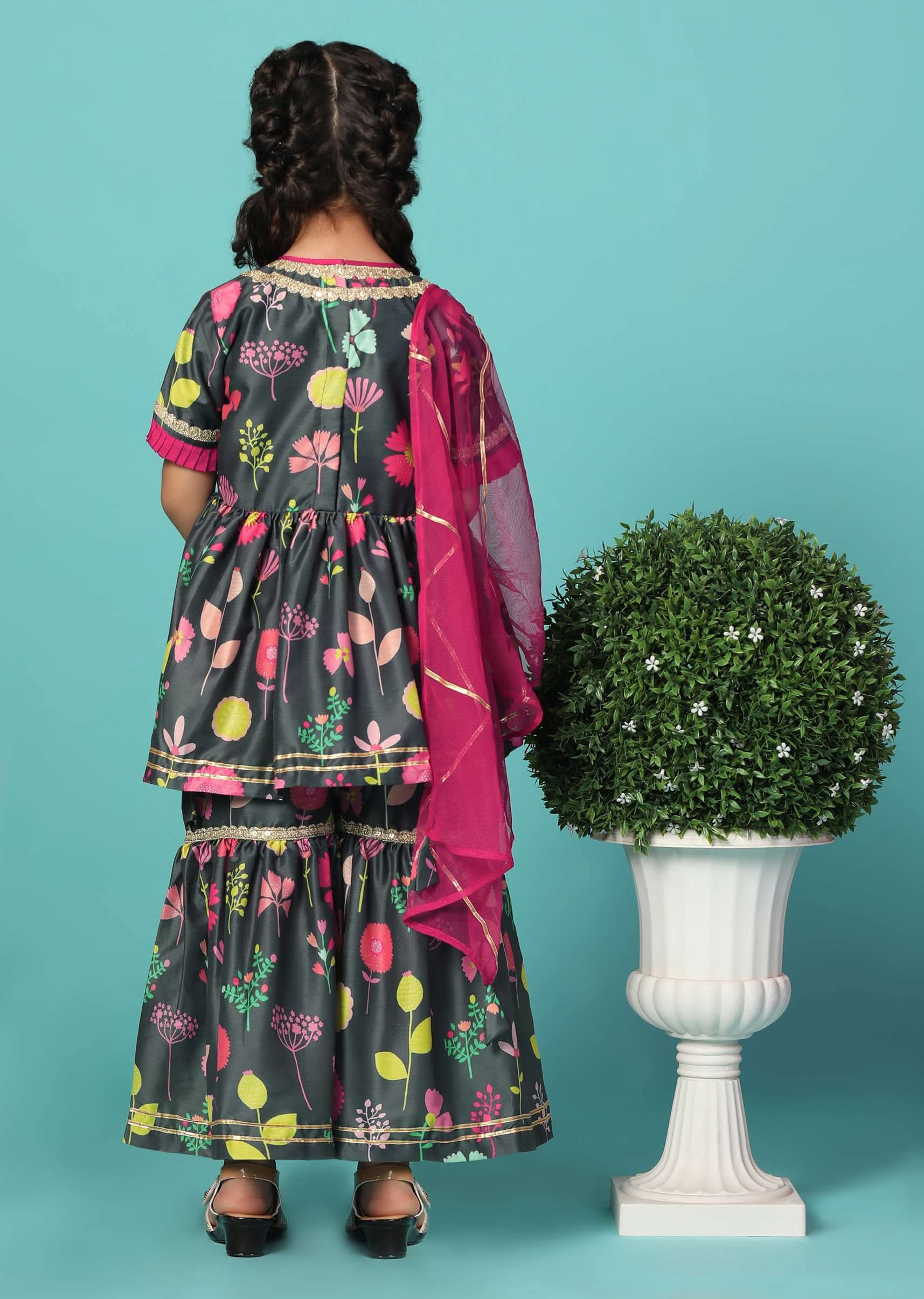 Kalki Black Printed Kurta And Sharara Set In Cotton Silk For Girls - Image 5