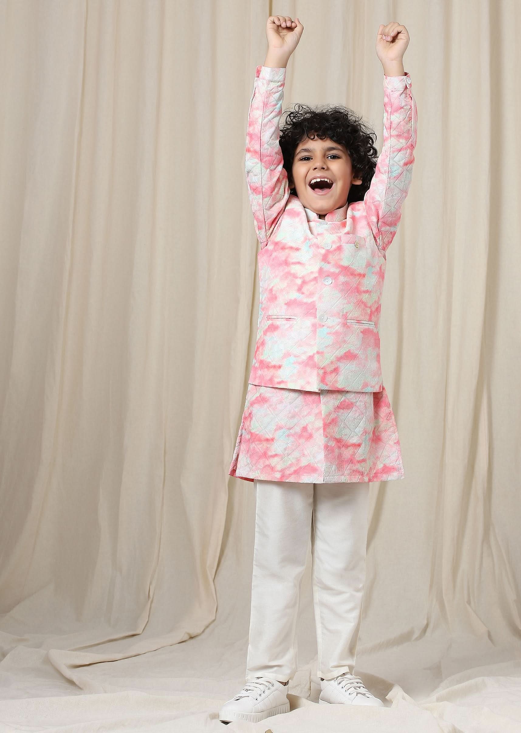 Kalki Blossom Pink Tie-Dye Bandi Jacket Set In Silk With Threadwork For Boys - Image 3