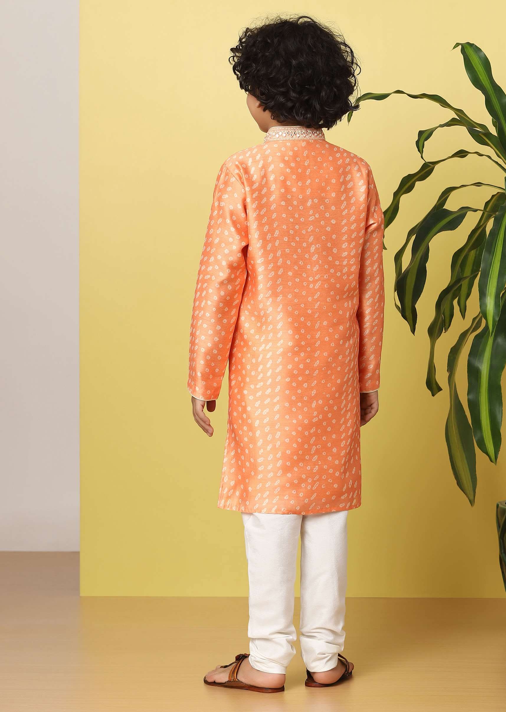 Kalki Carrot Orange Boys Kurta Set In Silk With Mirrors And Threadwork - Image 4