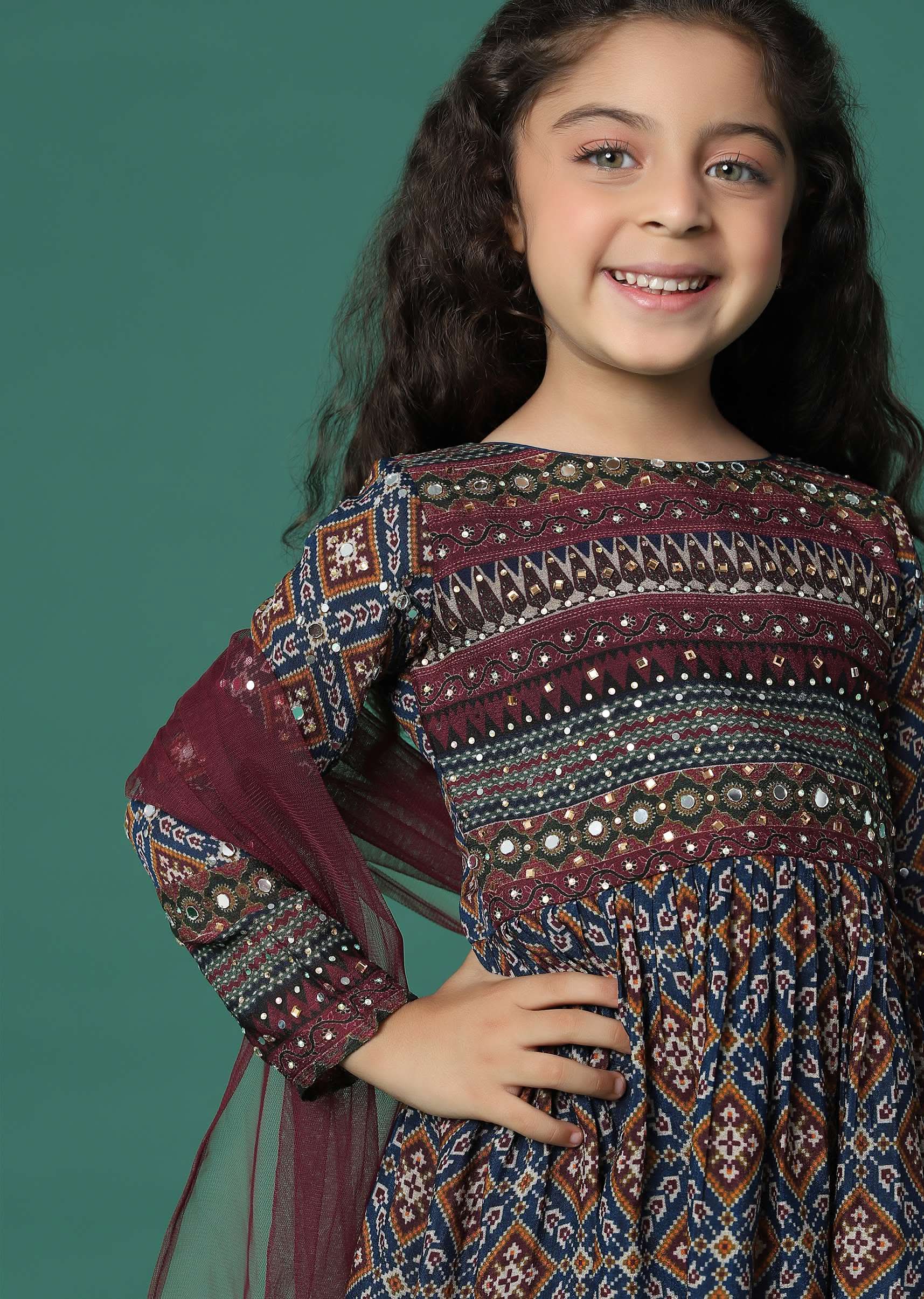 Kalki Chocolate Brown Kurta And Sharara Set In Satin Blend With Abla Work For Girls - Image 5