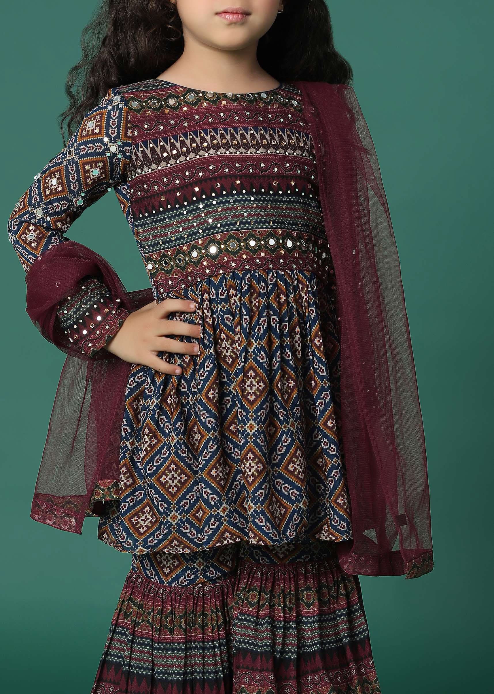 Kalki Chocolate Brown Kurta And Sharara Set In Satin Blend With Abla Work For Girls - Image 7