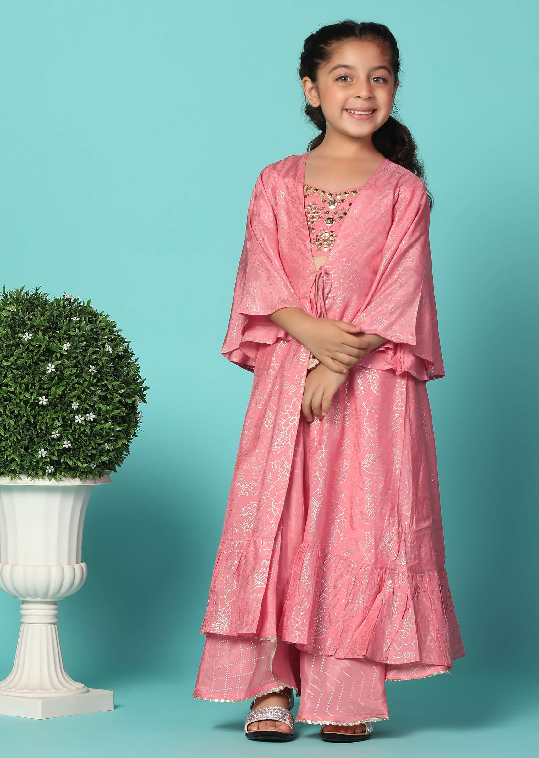 Kalki Coral Pink Embroidered Top And Lehenga Set With Jacket In Silk For Girls - Image 2