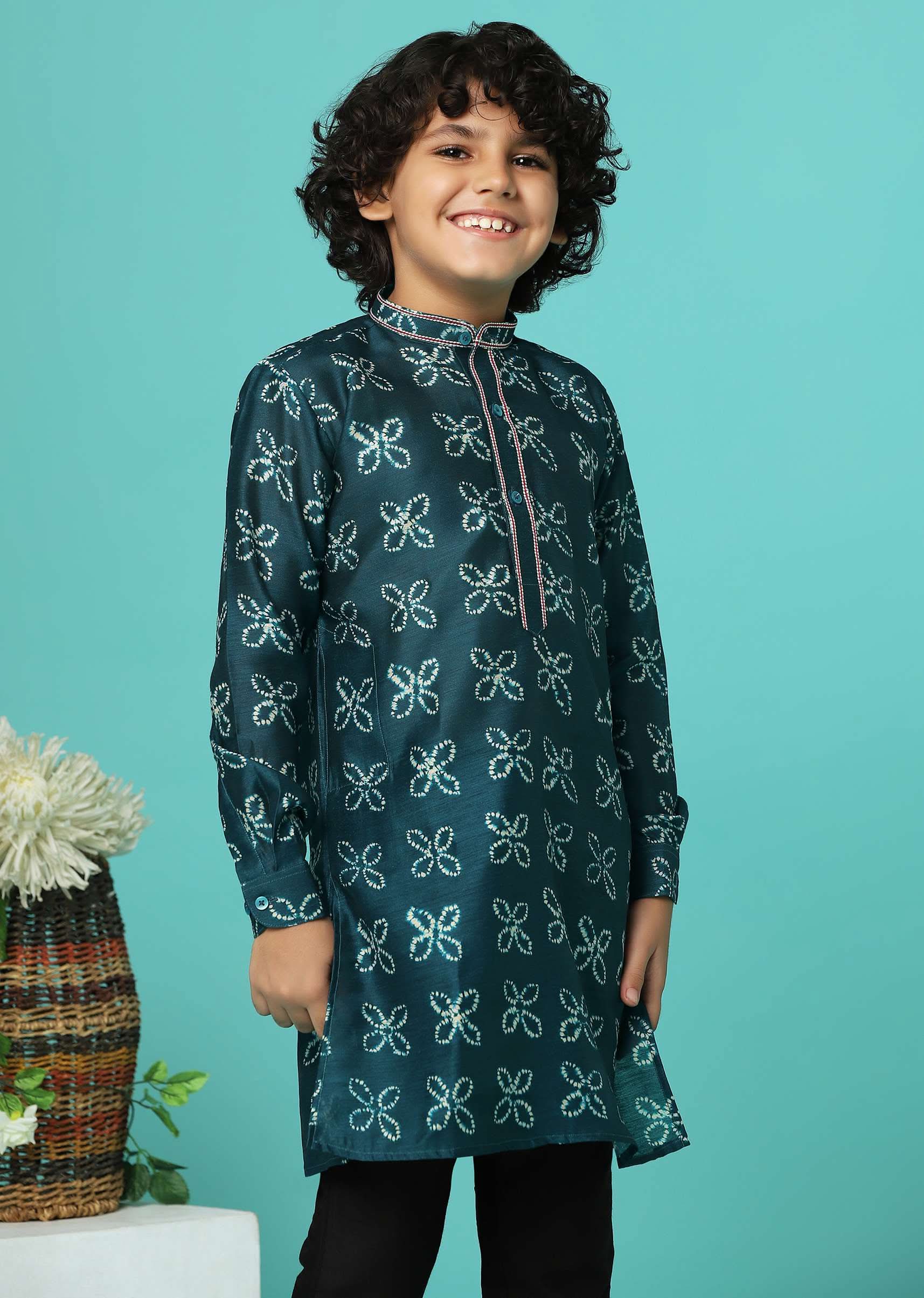Kalki Deep Green Printed Kurta Set In Tussar Silk For Boys - Image 4