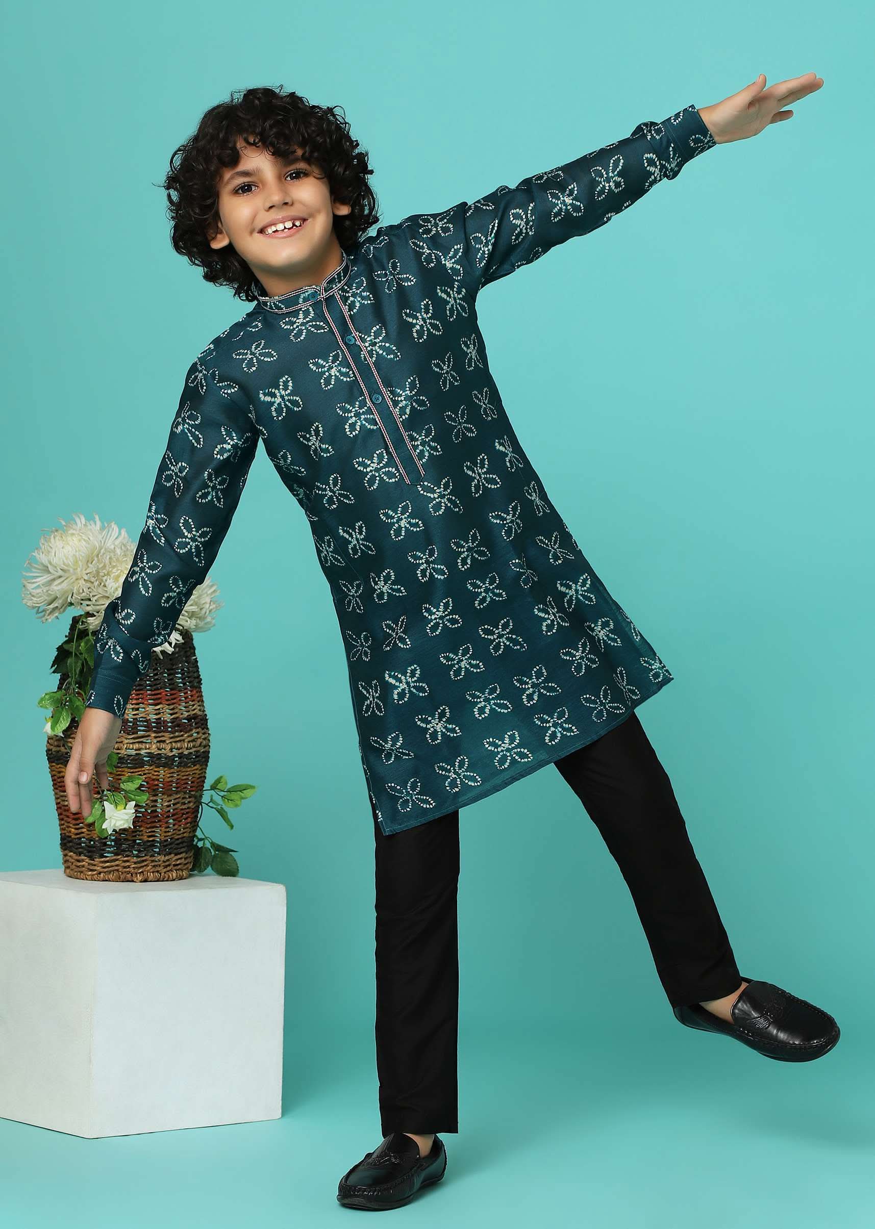 Kalki Deep Green Printed Kurta Set In Tussar Silk For Boys - Image 5
