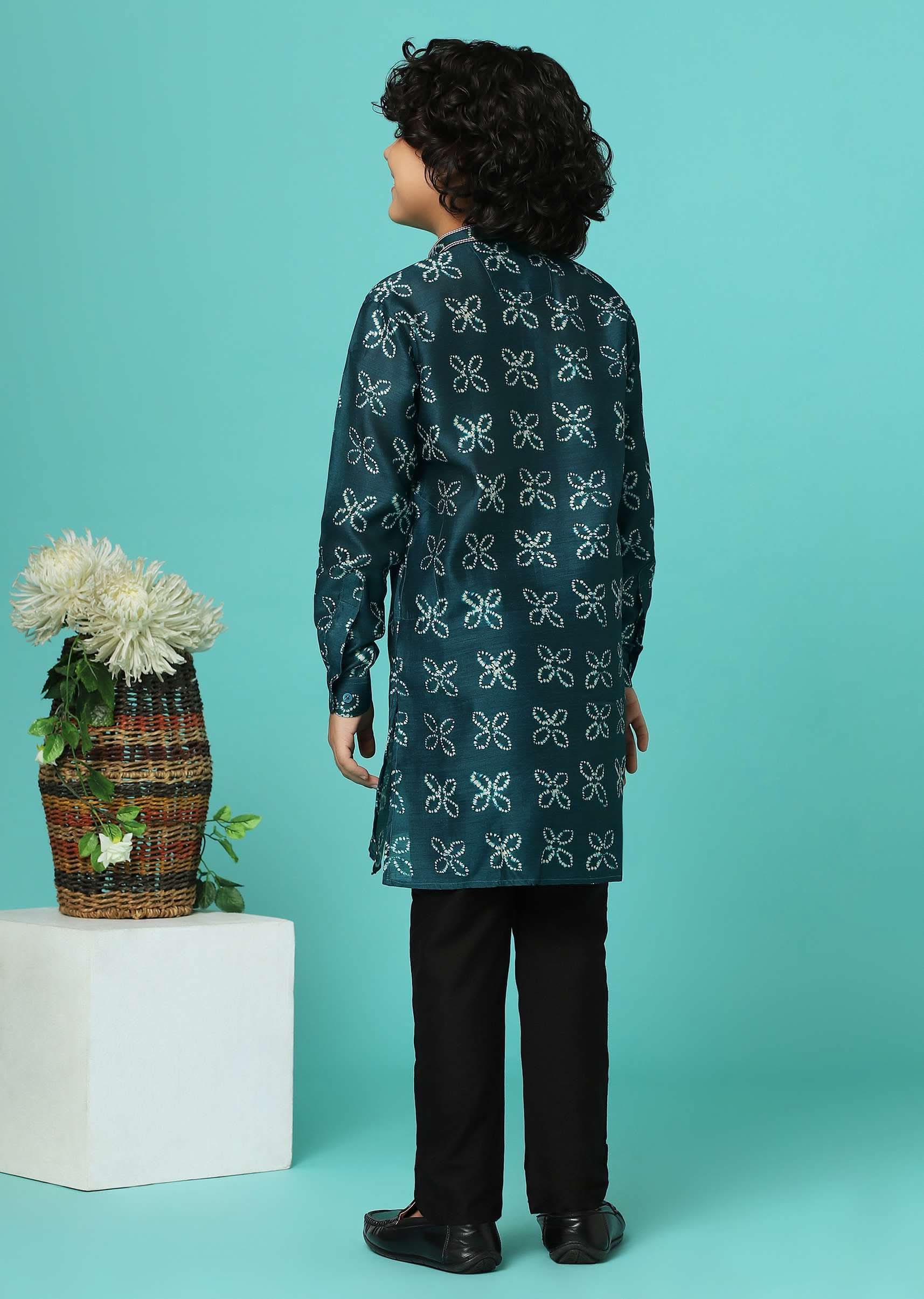 Kalki Deep Green Printed Kurta Set In Tussar Silk For Boys - Image 6