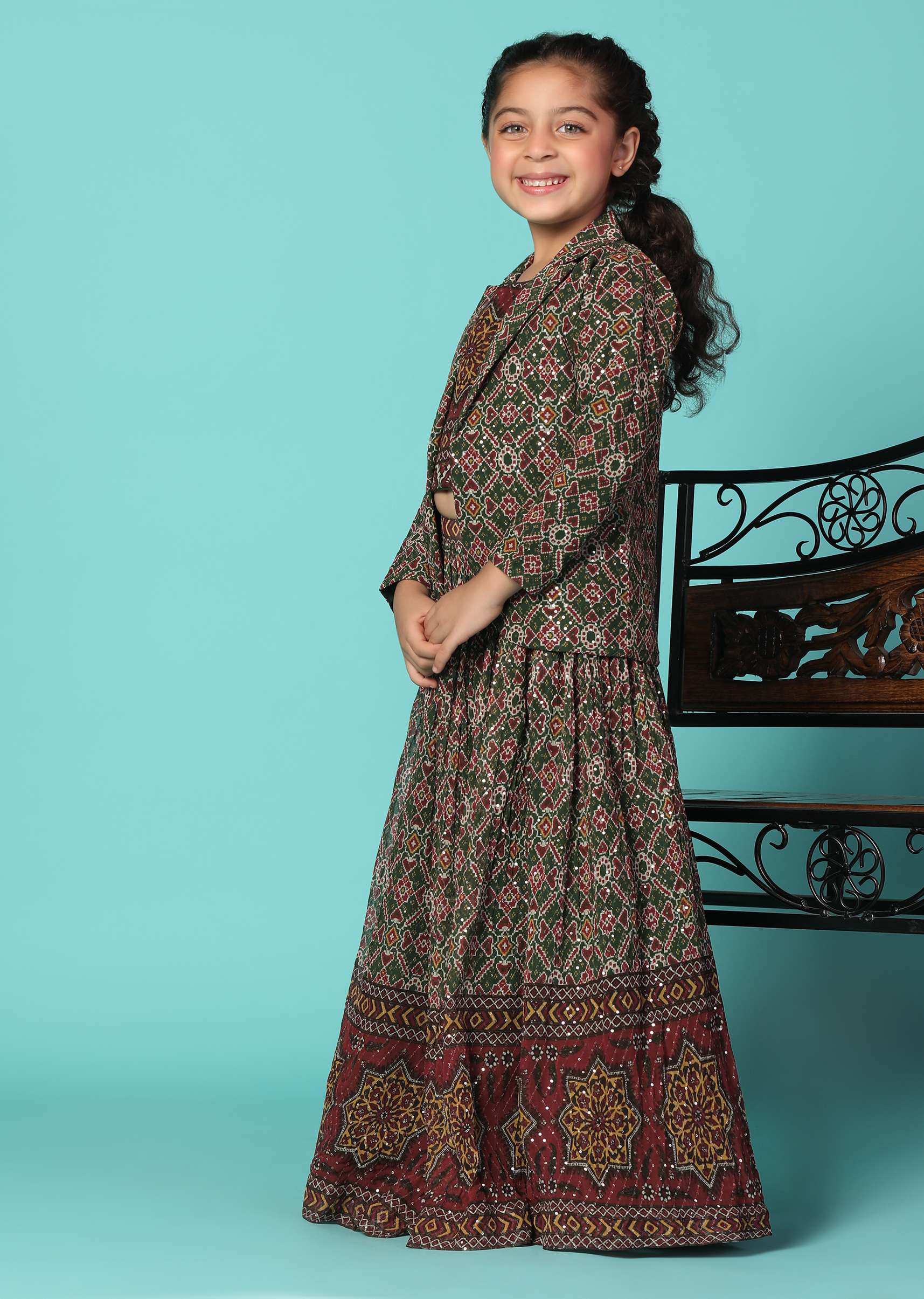 Kalki Deep Green Top And Lehenga Set In Georgette With Sequins Work For Girls - Image 5