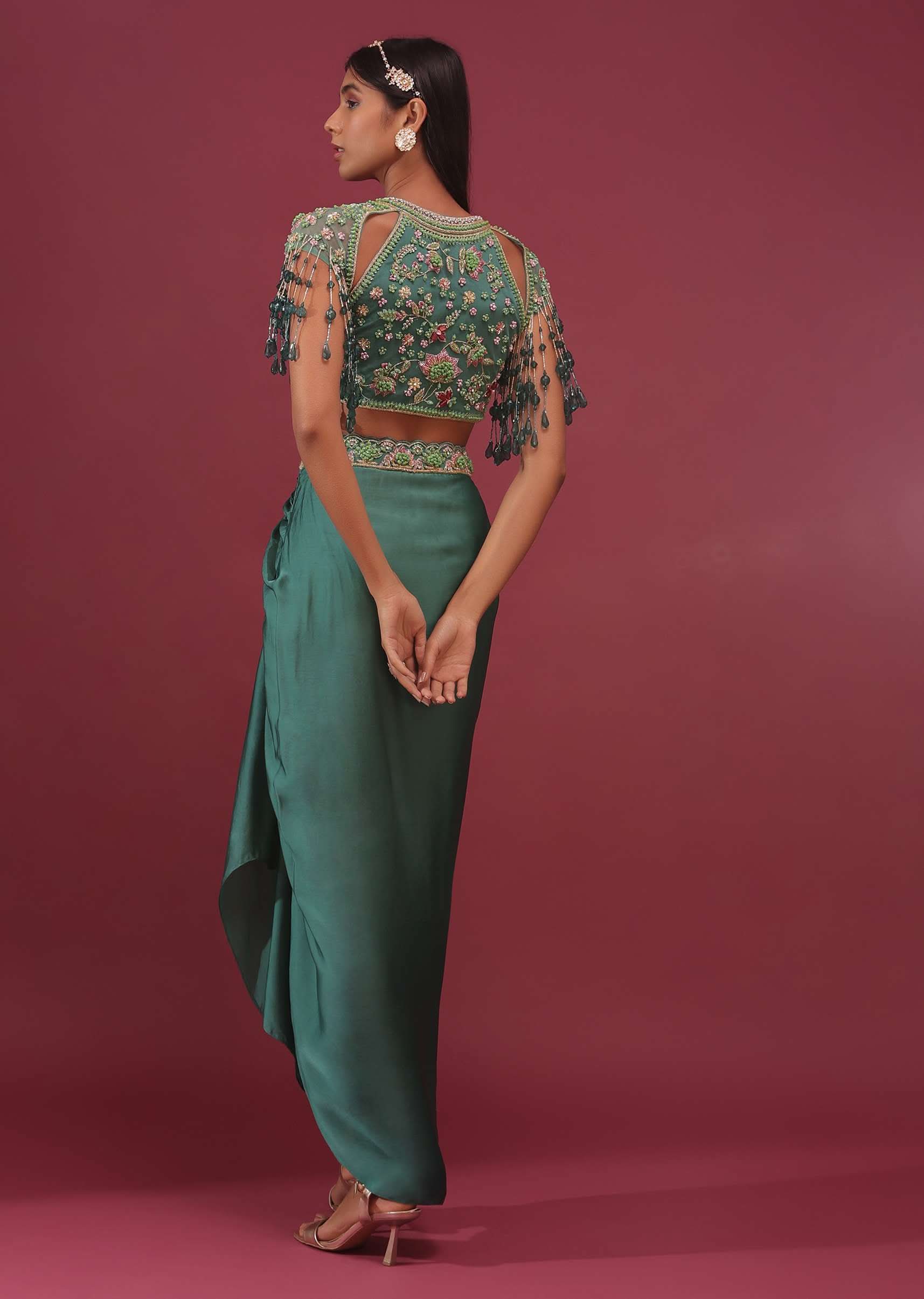 Sea Green Dhoti Crop Top Set In Satin Organza With Embroidery - NOOR 2022 - Image 10
