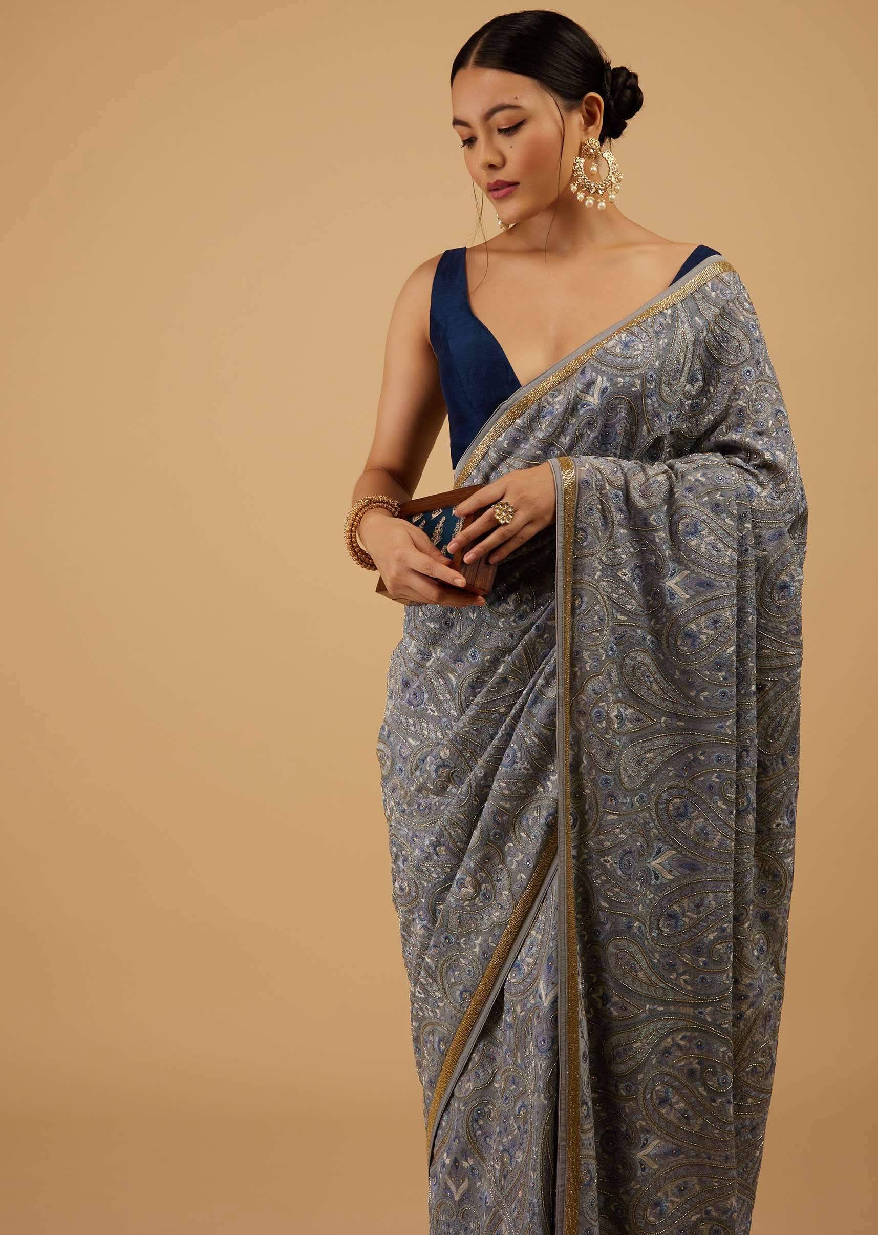 Powder Blue Festive Saree Kashmiri Embroidered In Georgette - Image 2