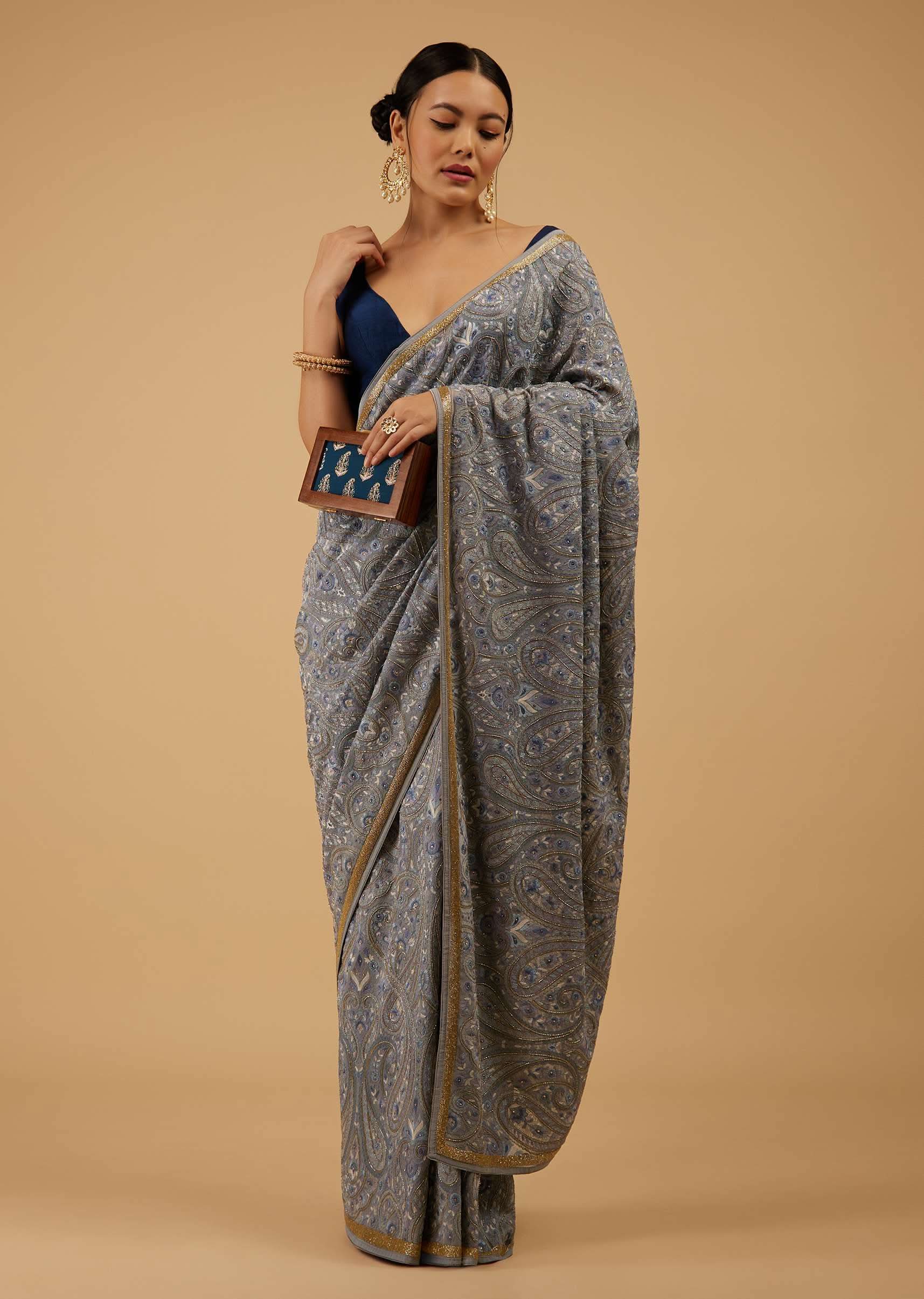 Powder Blue Festive Saree Kashmiri Embroidered In Georgette - Image 3
