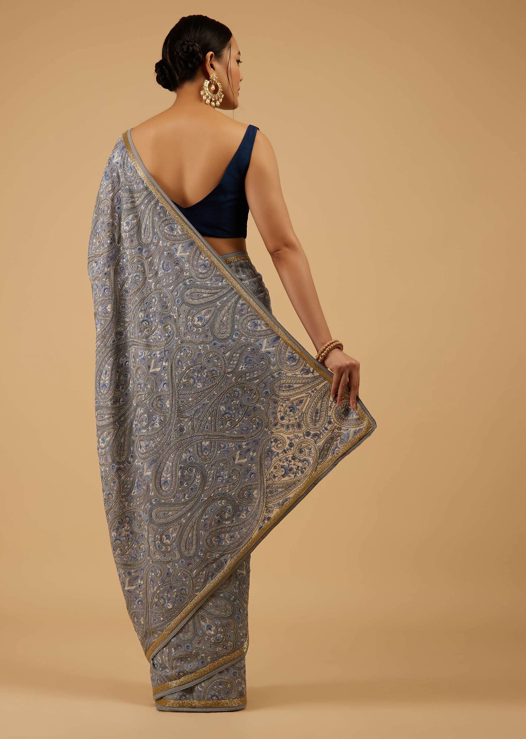 Powder Blue Festive Saree Kashmiri Embroidered In Georgette - Image 4