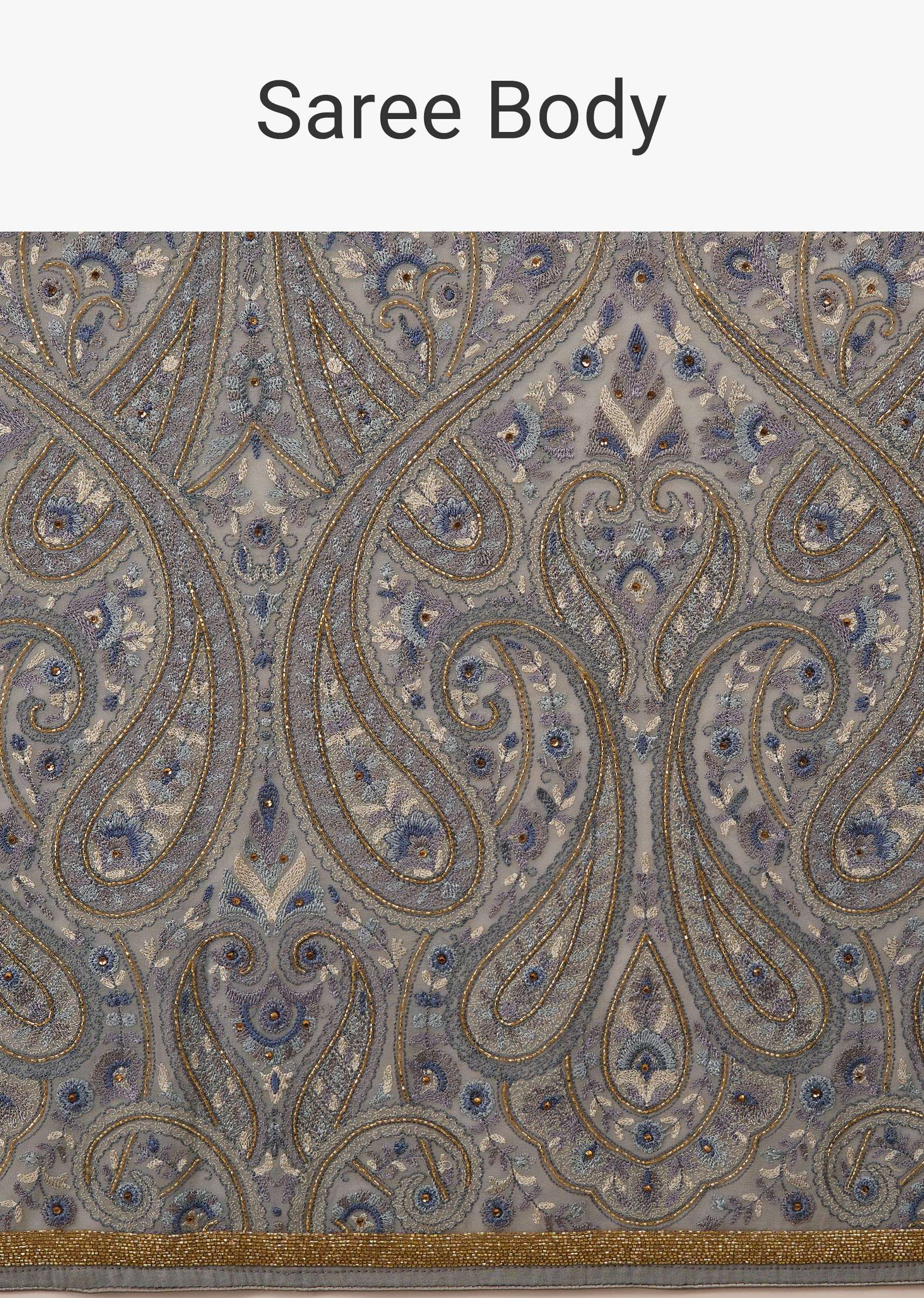 Powder Blue Festive Saree Kashmiri Embroidered In Georgette - Image 7