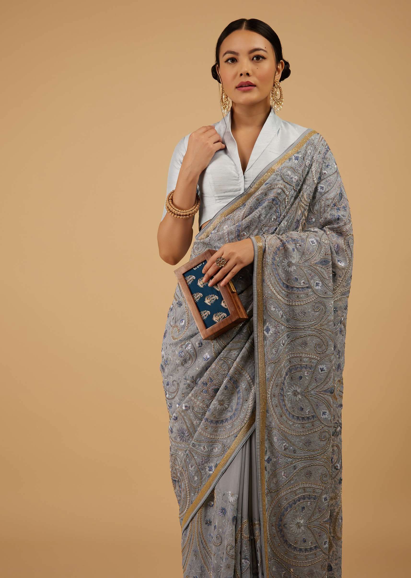 Powder Blue Saree Kashmiri Embroidered In Georgette - Image 2