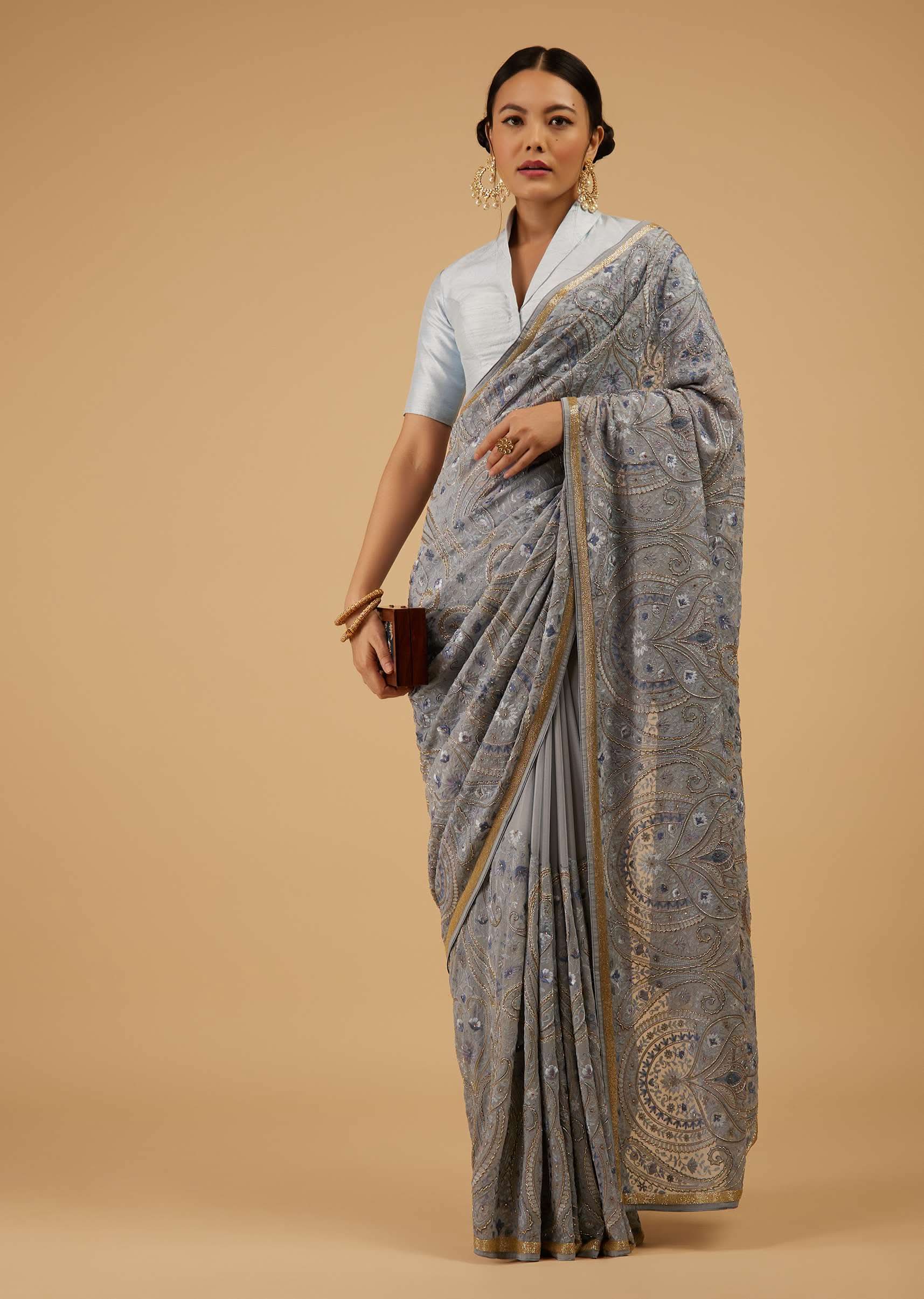 Powder Blue Saree Kashmiri Embroidered In Georgette - Image 3