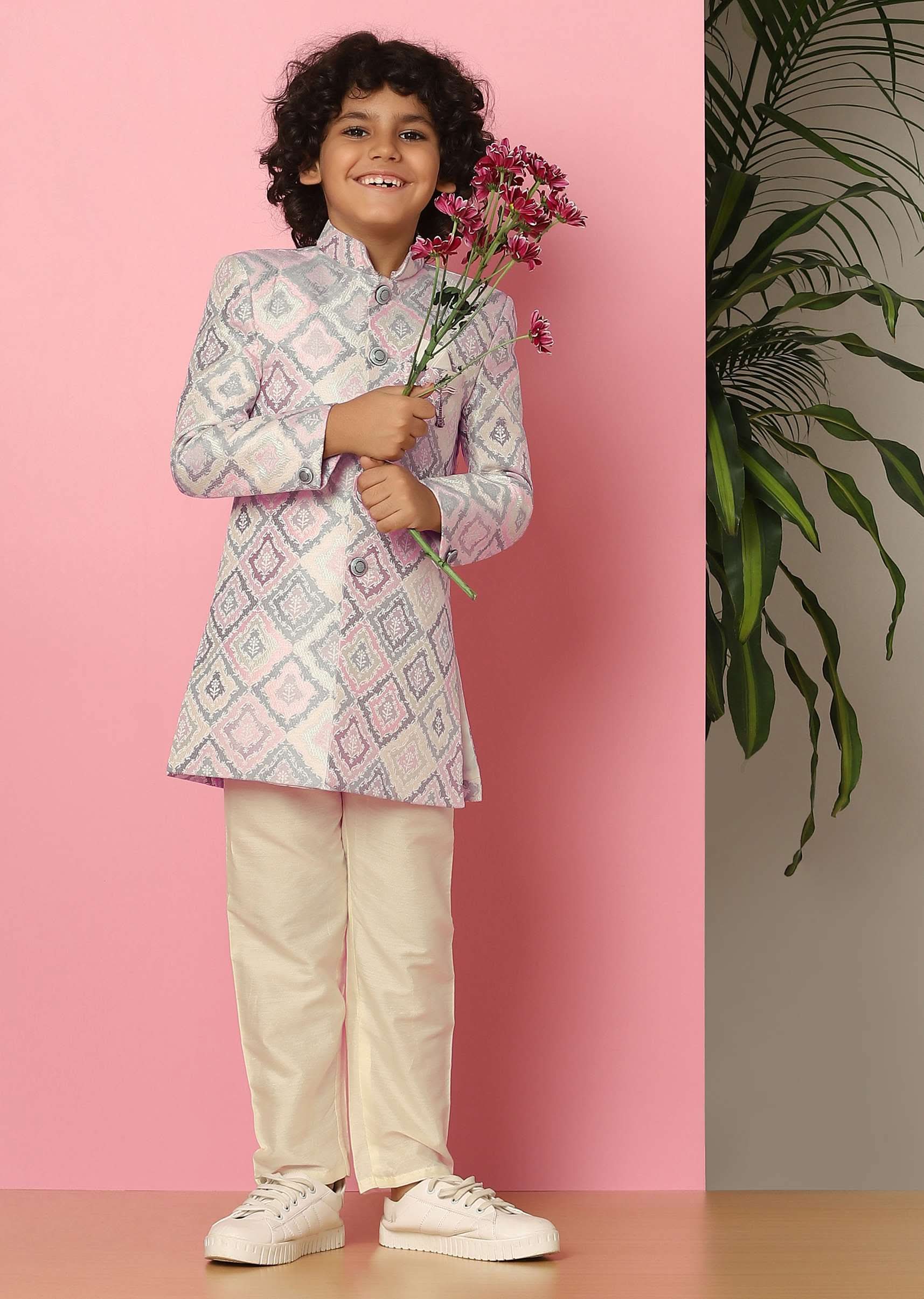 Kalki Grey Printed Sherwani Set In Silk For Boys