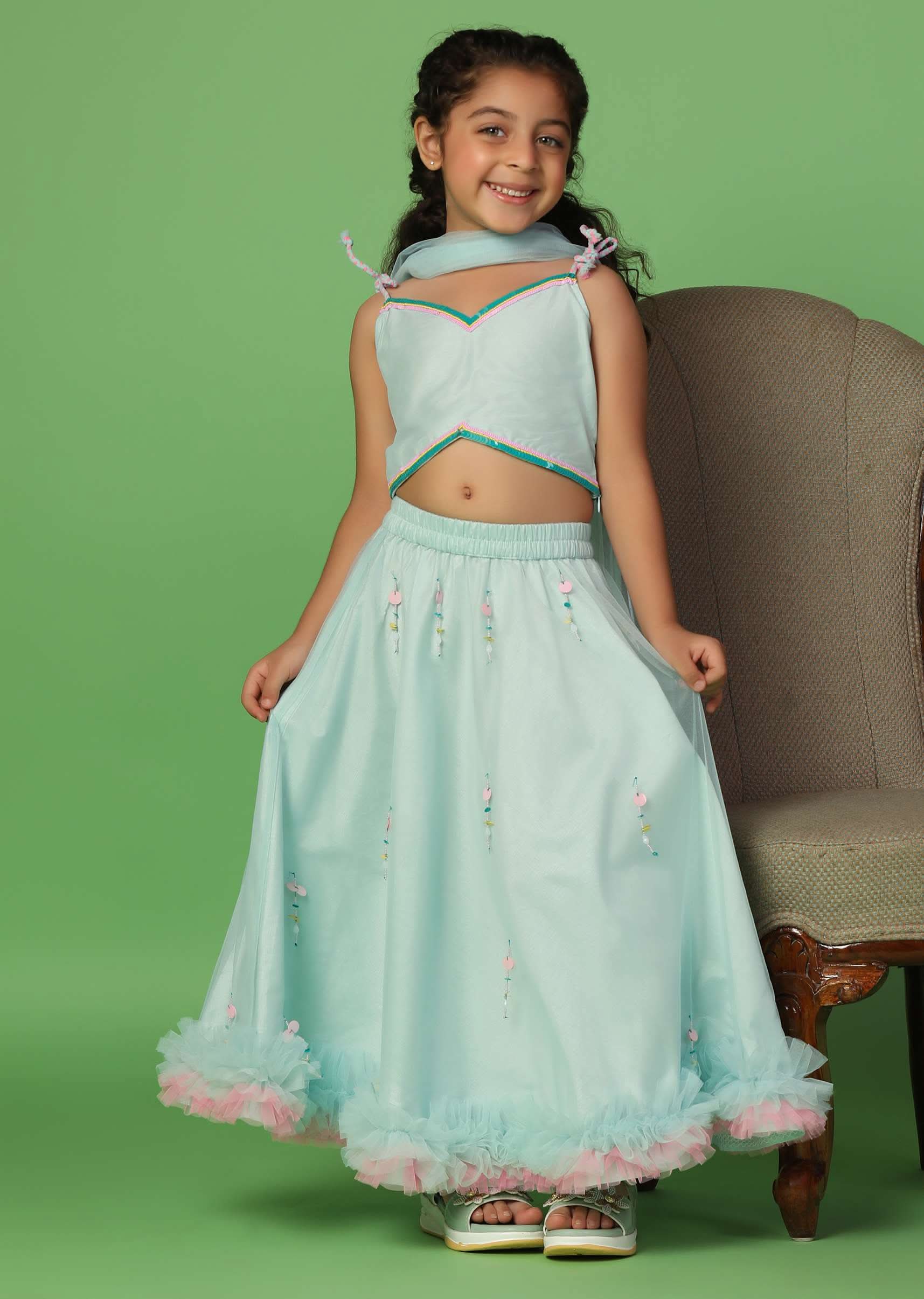 Kalki Mint Blue Embroidered Blouse And Lehenga Set In Net For Girls