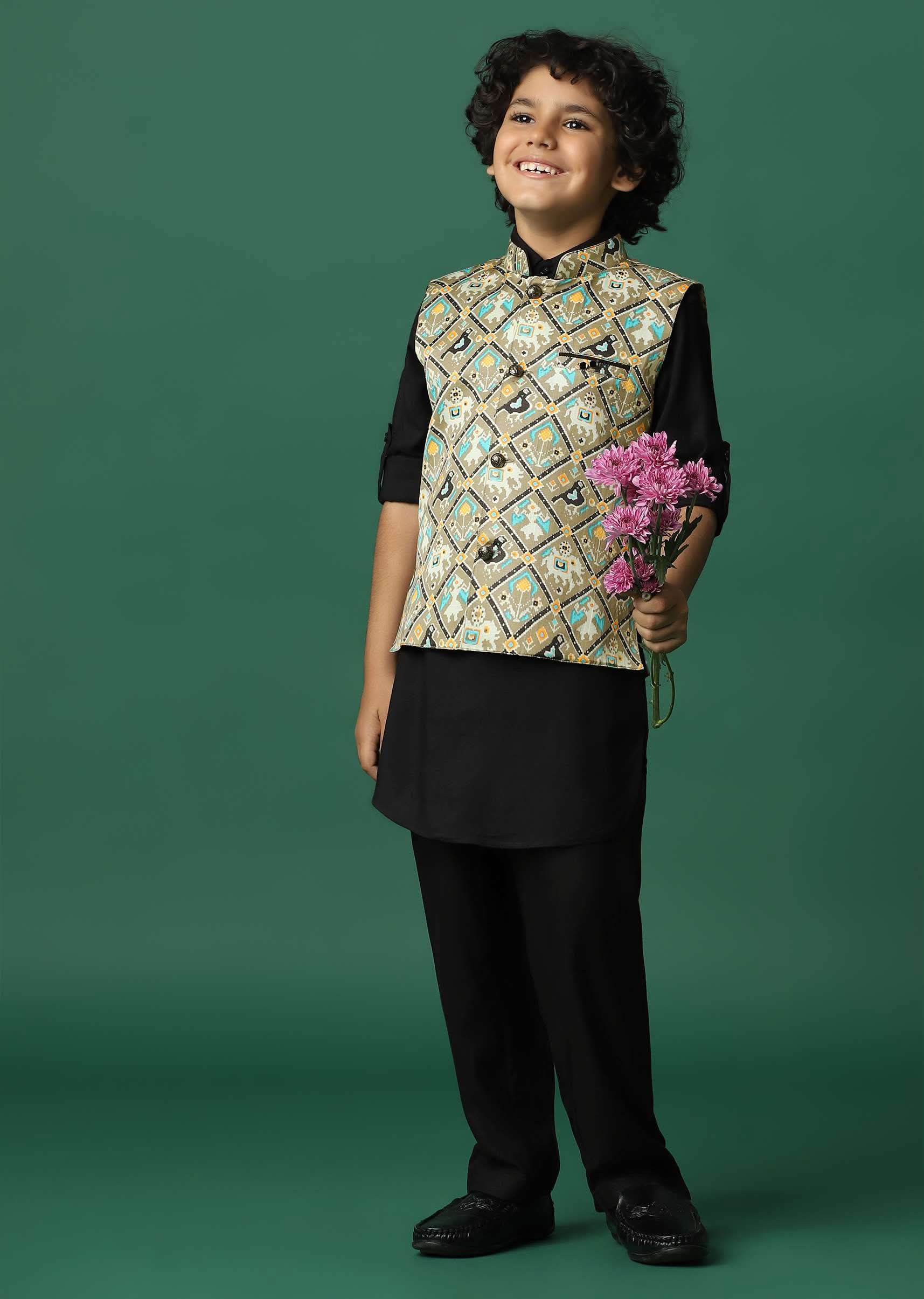 Kalki Multicolor Bandi Jacket And Black Kurta Set In Silk For Boys - Image 4