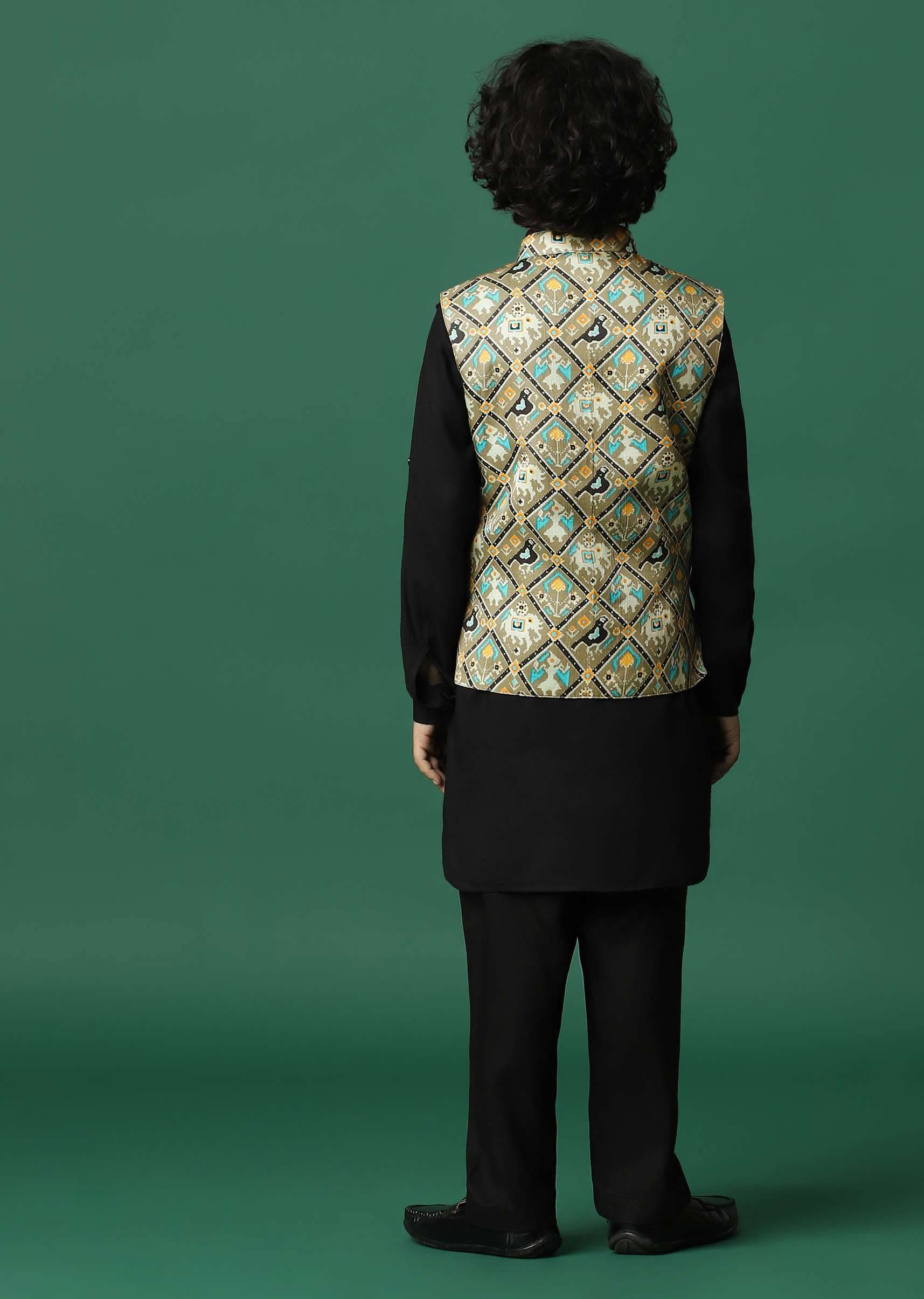 Kalki Multicolor Bandi Jacket And Black Kurta Set In Silk For Boys - Image 5