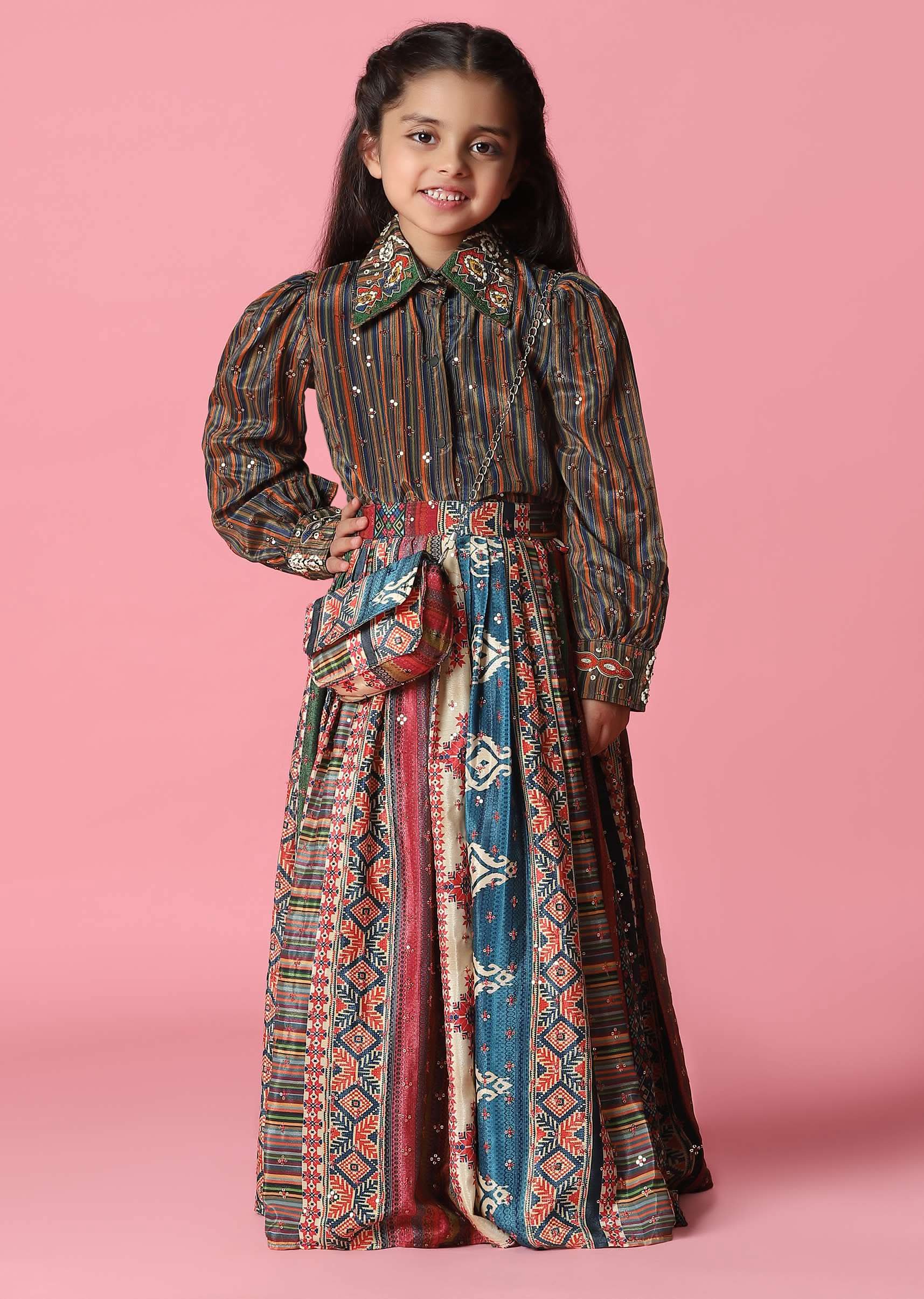 Kalki Multicolor Embroidered Skirt And Top Set In Satin Blend For Girls