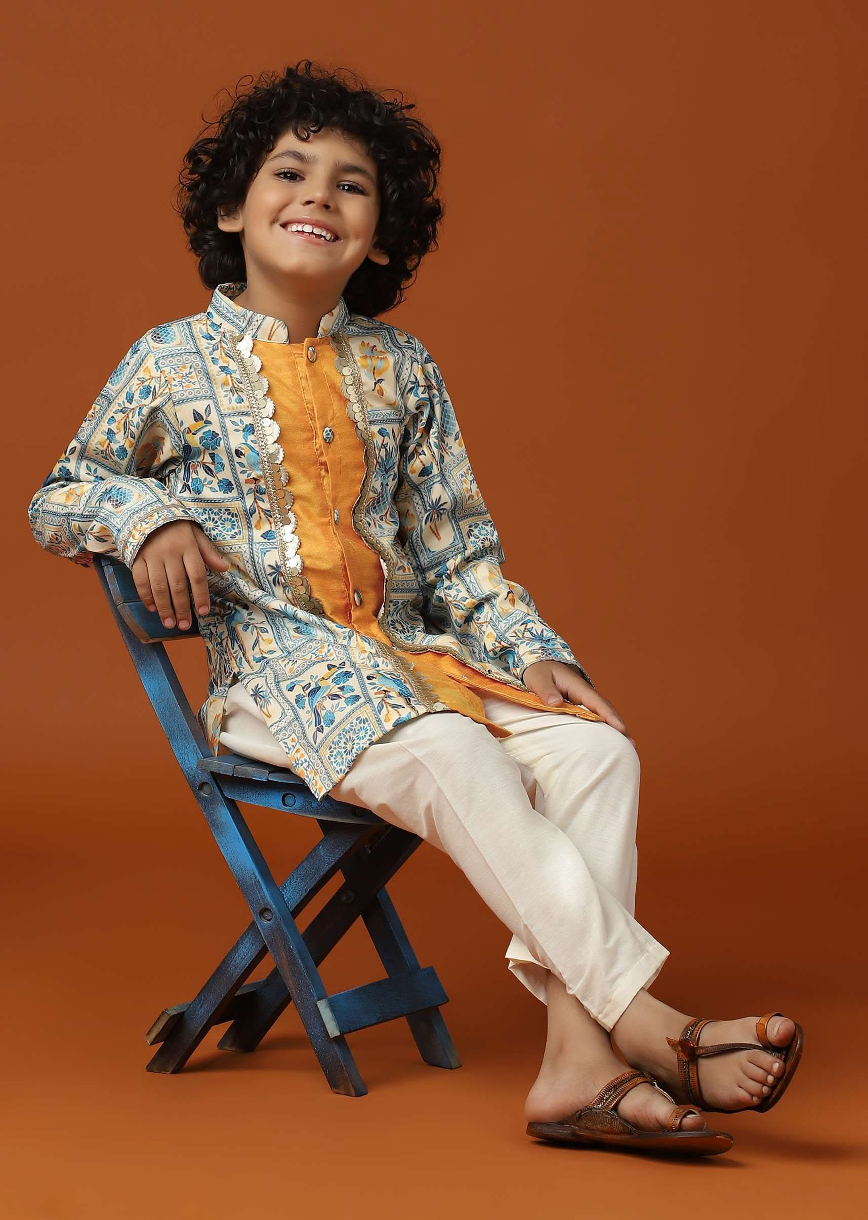 Kalki Multicolor Printed Kurta Set In Cotton Silk For Boys - Image 5