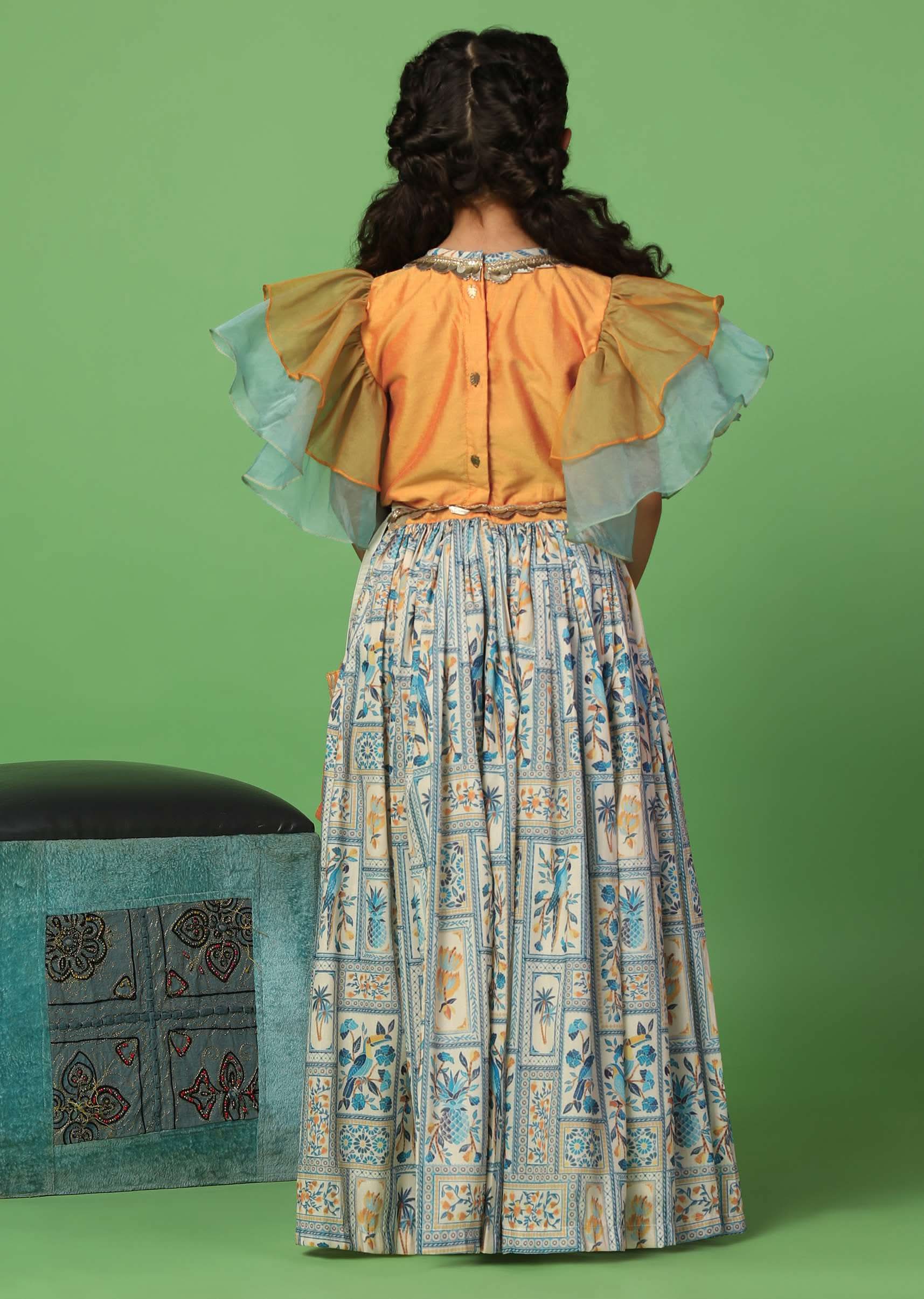 Kalki Multicolor Top And Lehenga Set In Cotton Silk For Girls - Image 5