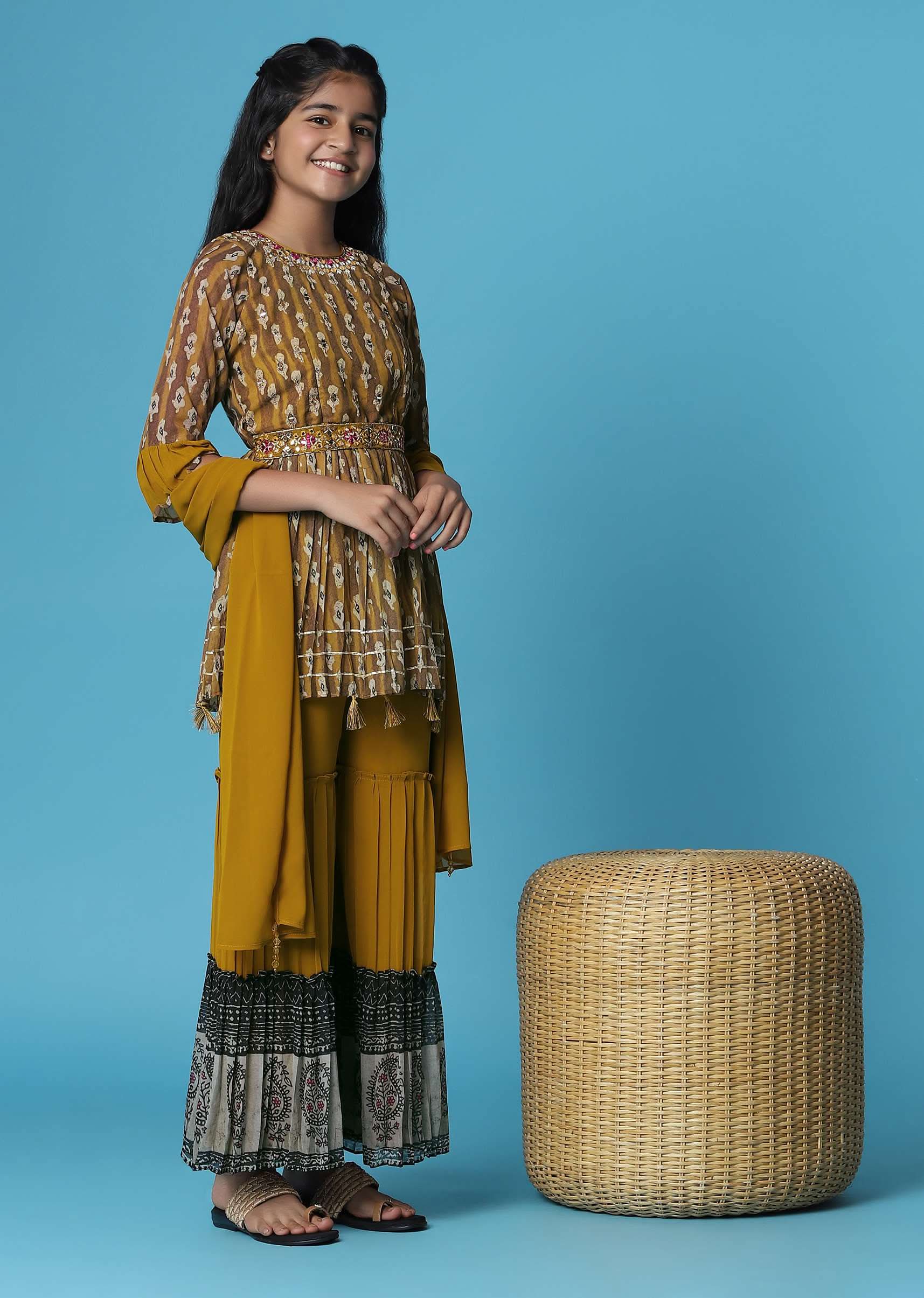 Kalki Mustard Yellow Printed Kurti And Sharara Set In Georgette For Girls - Image 3