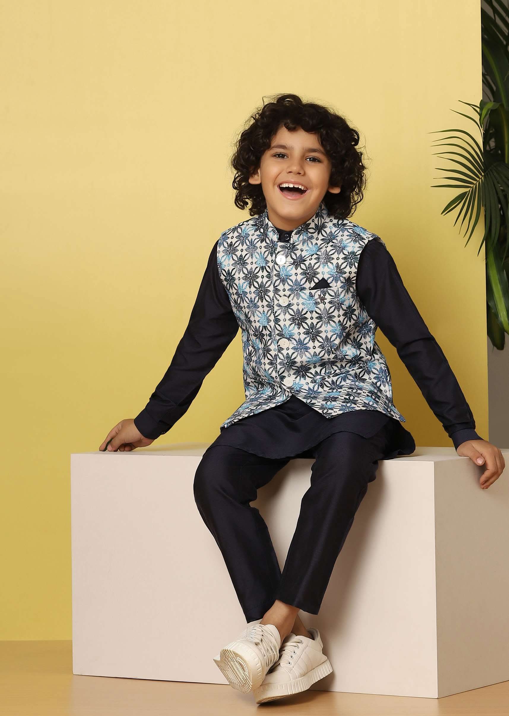 Kalki Navy Blue Bandi Jacket And Kurta Set In Silk With Threadwork For Boys - Image 3