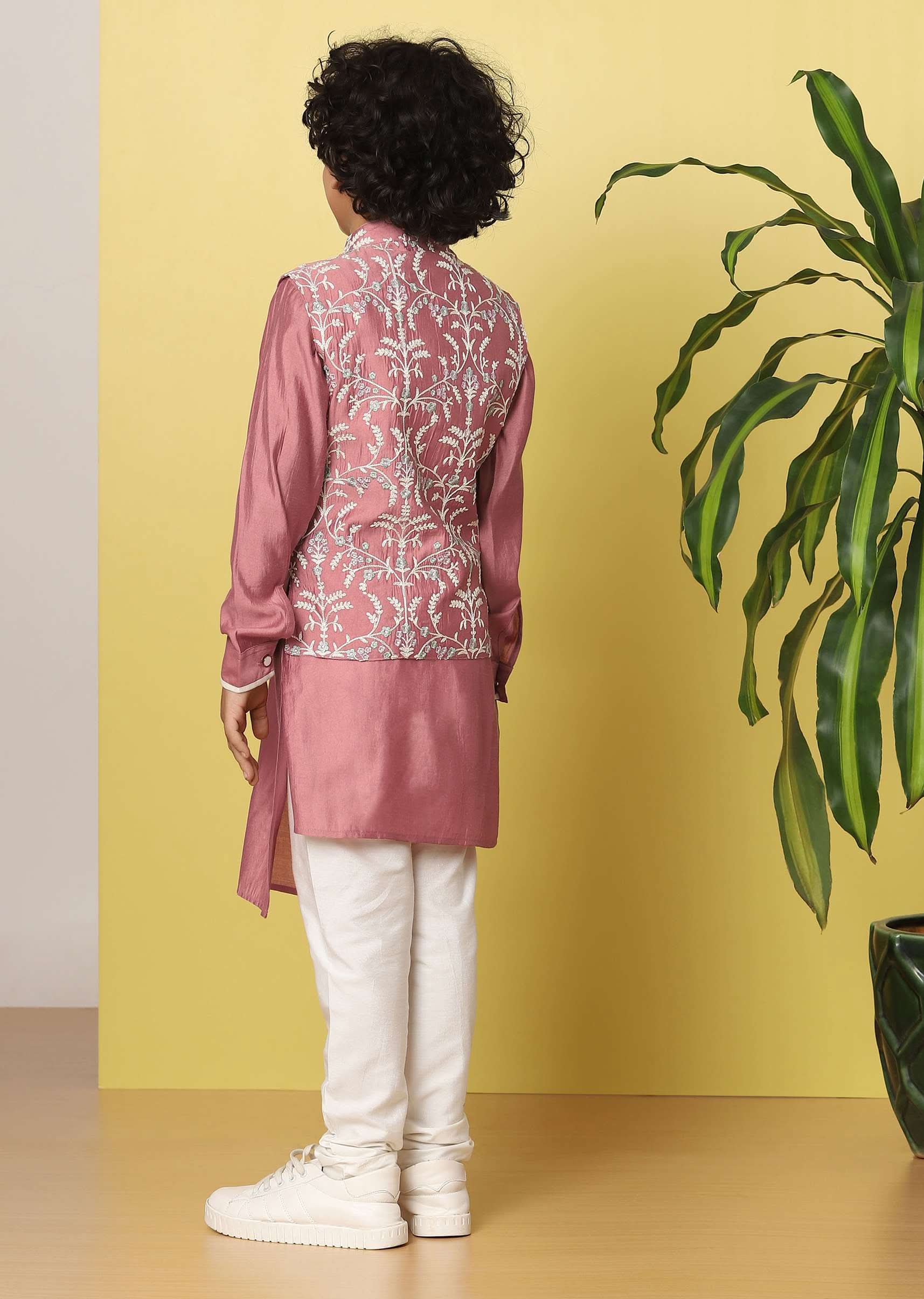 Kalki Peach Pink Boys Bandi Jacket Set With Threadwork - Image 4