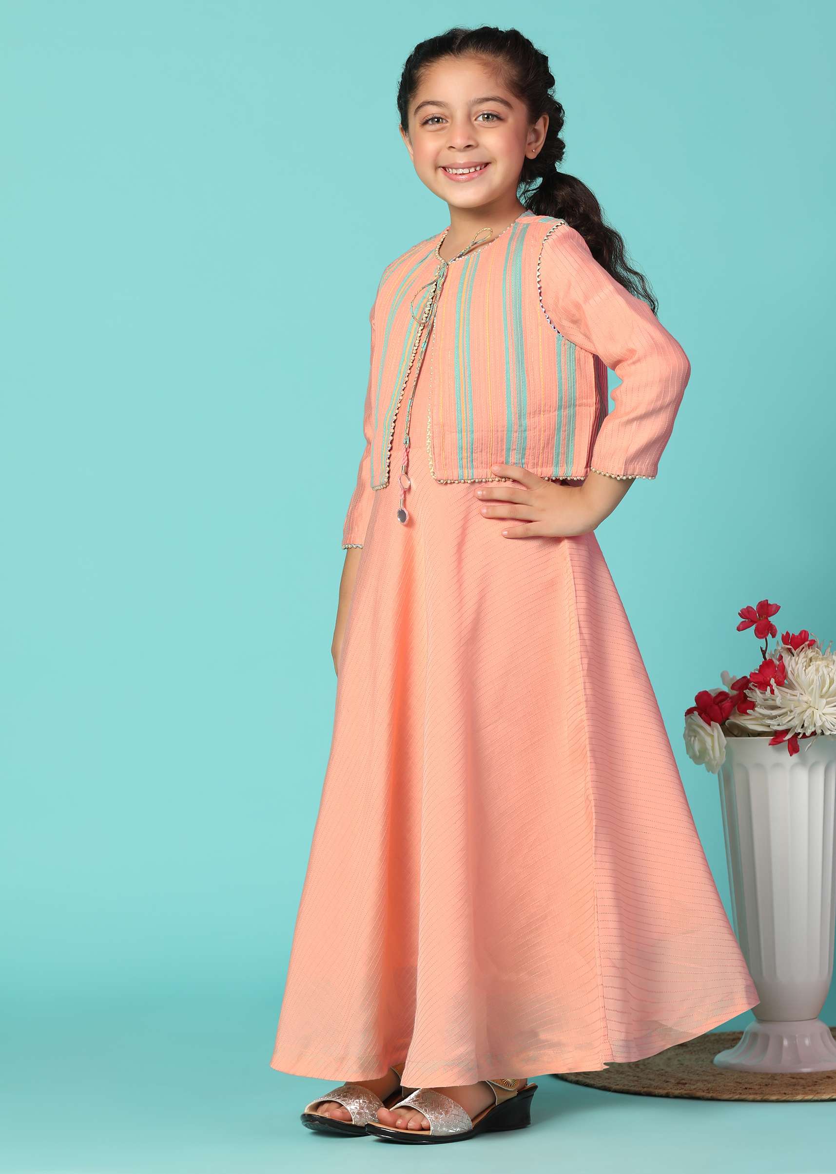 Kalki Peach Pink Printed Gown And Jacket Set In Cotton For Girls - Image 3