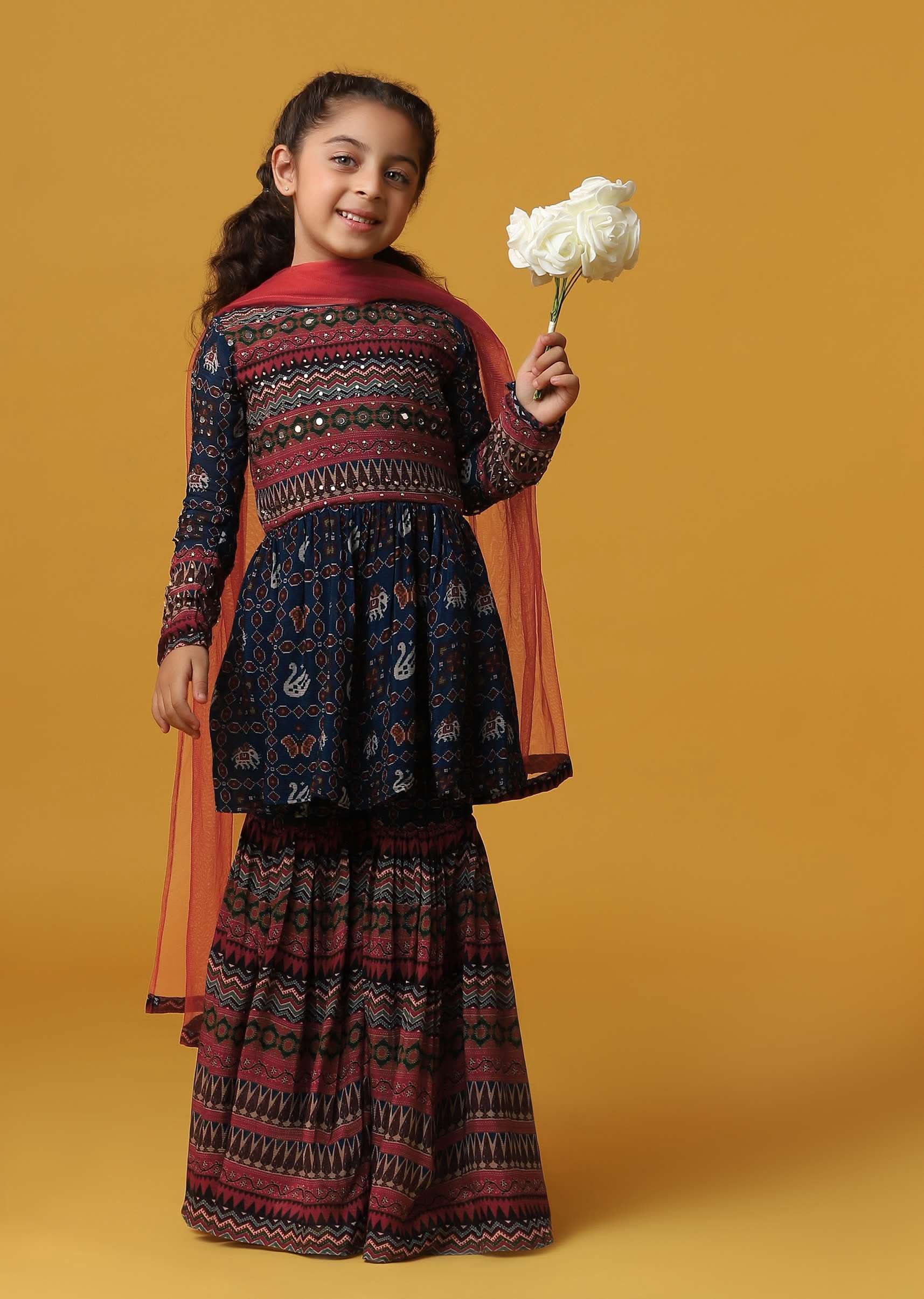 Kalki Peacock Blue Printed Kurta And Sharara Set In Georgette For Girls - Image 3