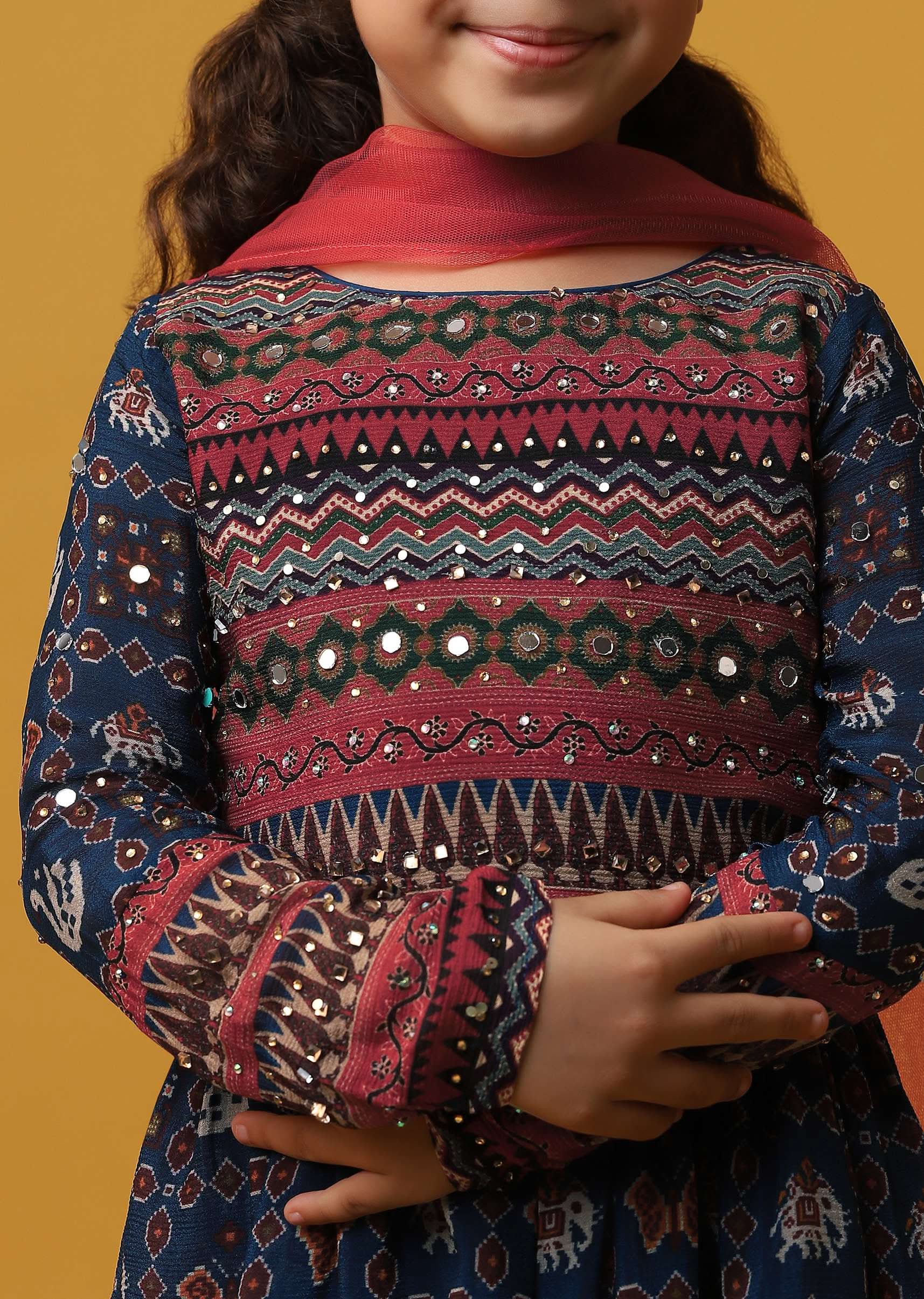 Kalki Peacock Blue Printed Kurta And Sharara Set In Georgette For Girls - Image 4