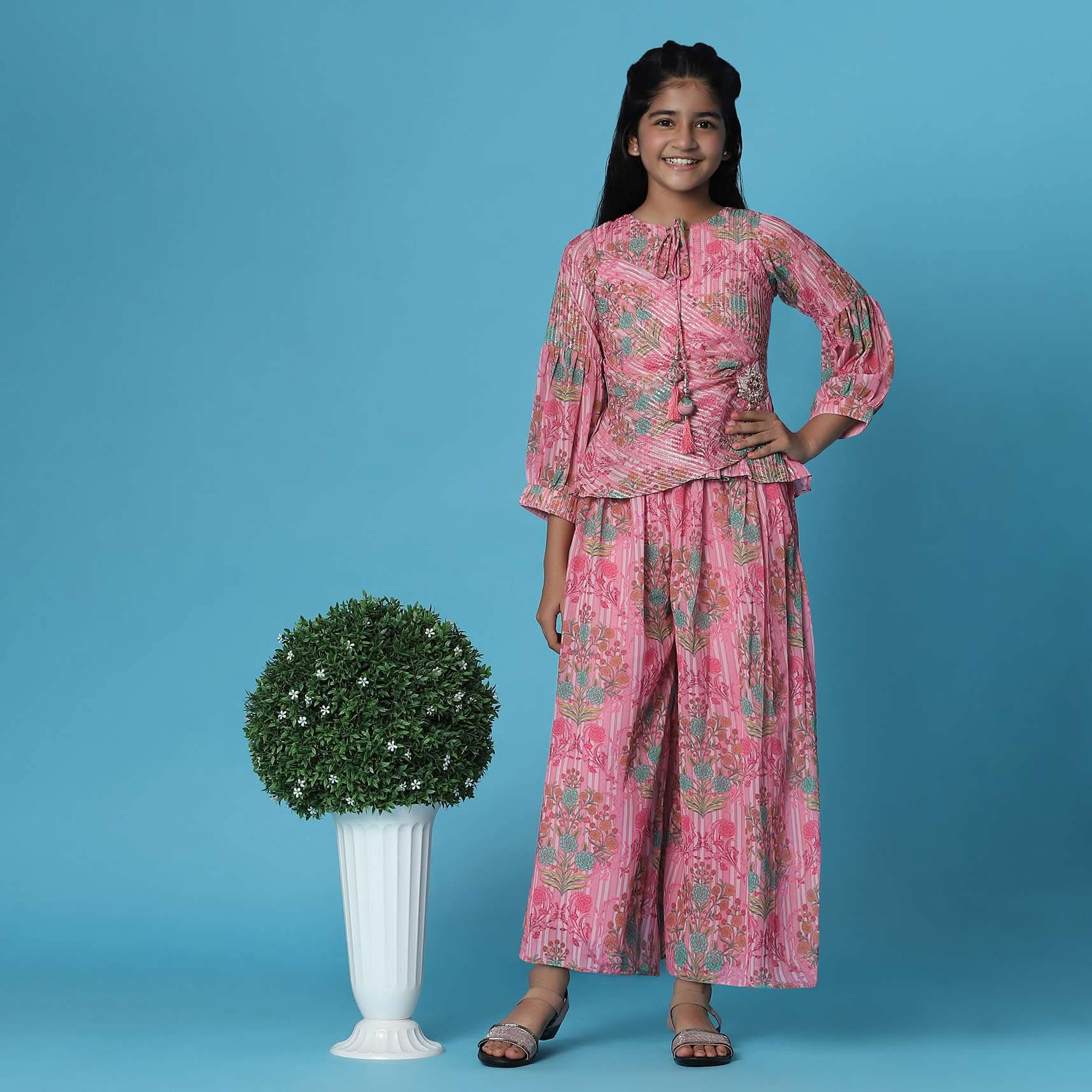 Kalki Petal Pink Printed Top And Palazzo Set In Georgette For Girls - Image 2