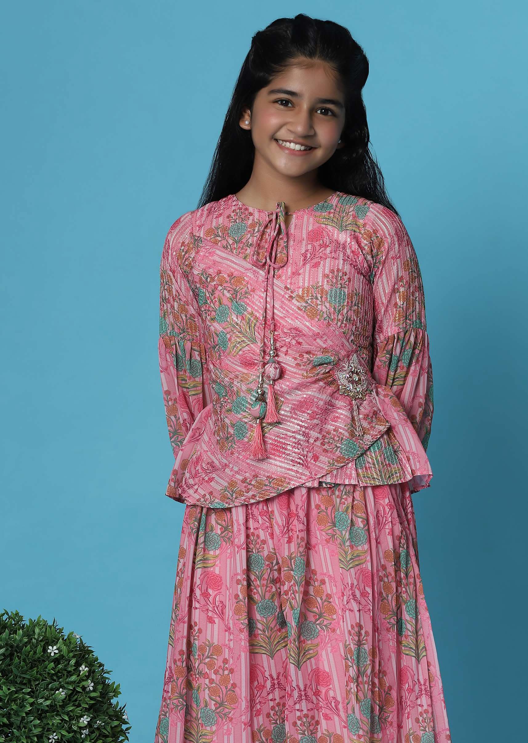 Kalki Petal Pink Printed Top And Palazzo Set In Georgette For Girls - Image 3