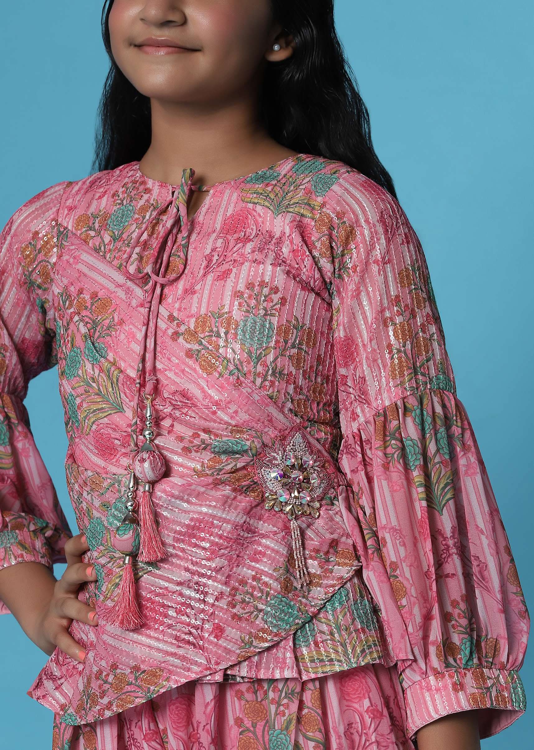 Kalki Petal Pink Printed Top And Palazzo Set In Georgette For Girls - Image 5
