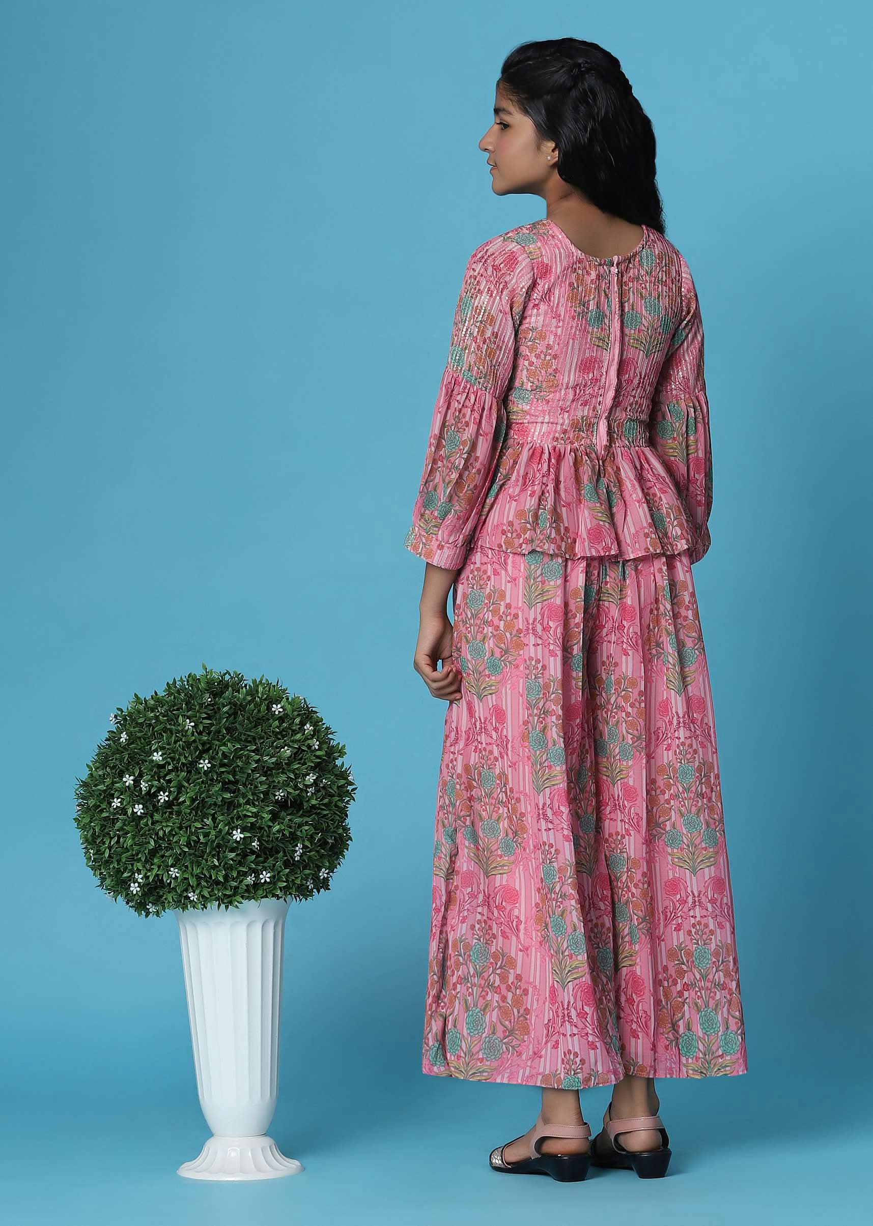 Kalki Petal Pink Printed Top And Palazzo Set In Georgette For Girls - Image 6