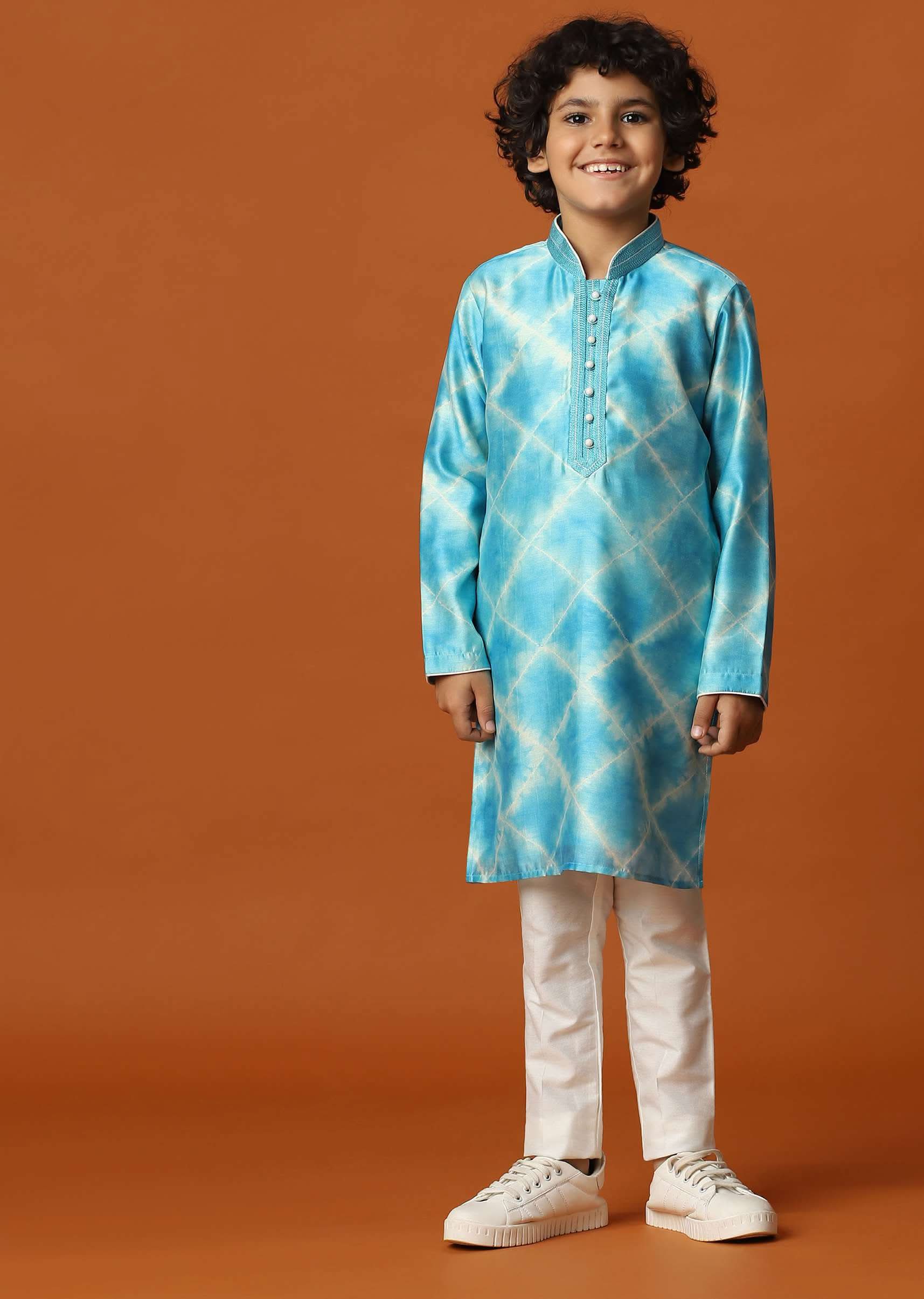 Kalki Sky Blue Boys Kurta Set In Silk With Threadwork And Pearls Around The Yoke For Boys - Image 2