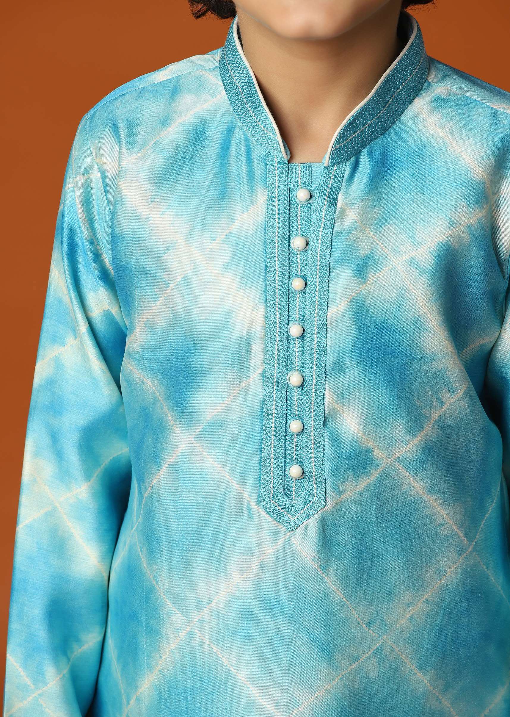 Kalki Sky Blue Boys Kurta Set In Silk With Threadwork And Pearls Around The Yoke For Boys - Image 3