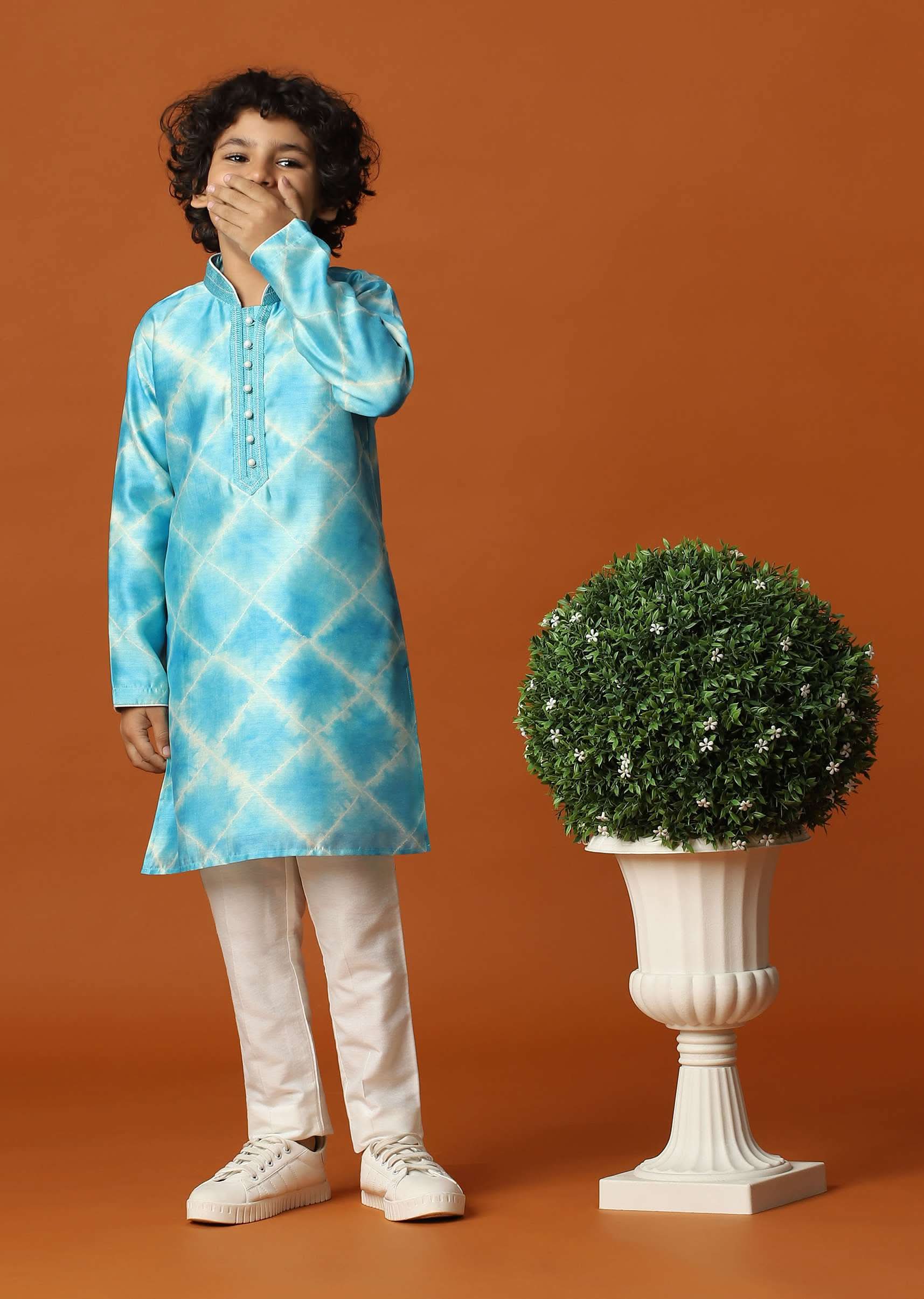 Kalki Sky Blue Boys Kurta Set In Silk With Threadwork And Pearls Around The Yoke For Boys - Image 4