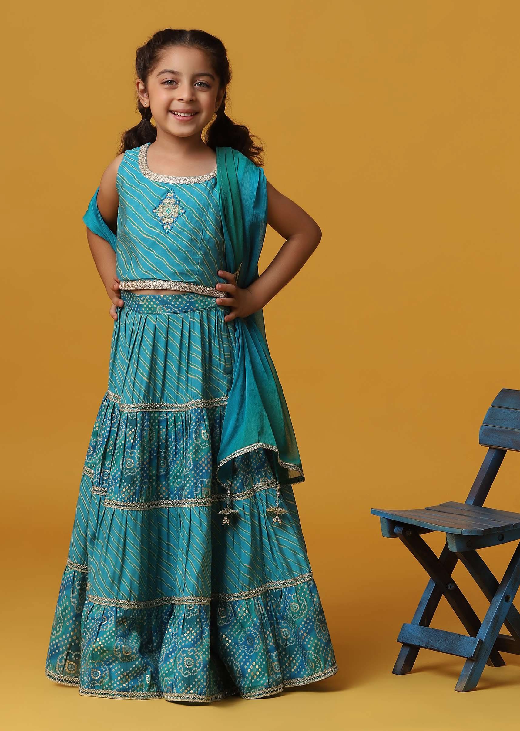 Kalki Teal Blue Lehenga And Top Set With Jacket In Cotton With Gotta Work For Girls - Image 6
