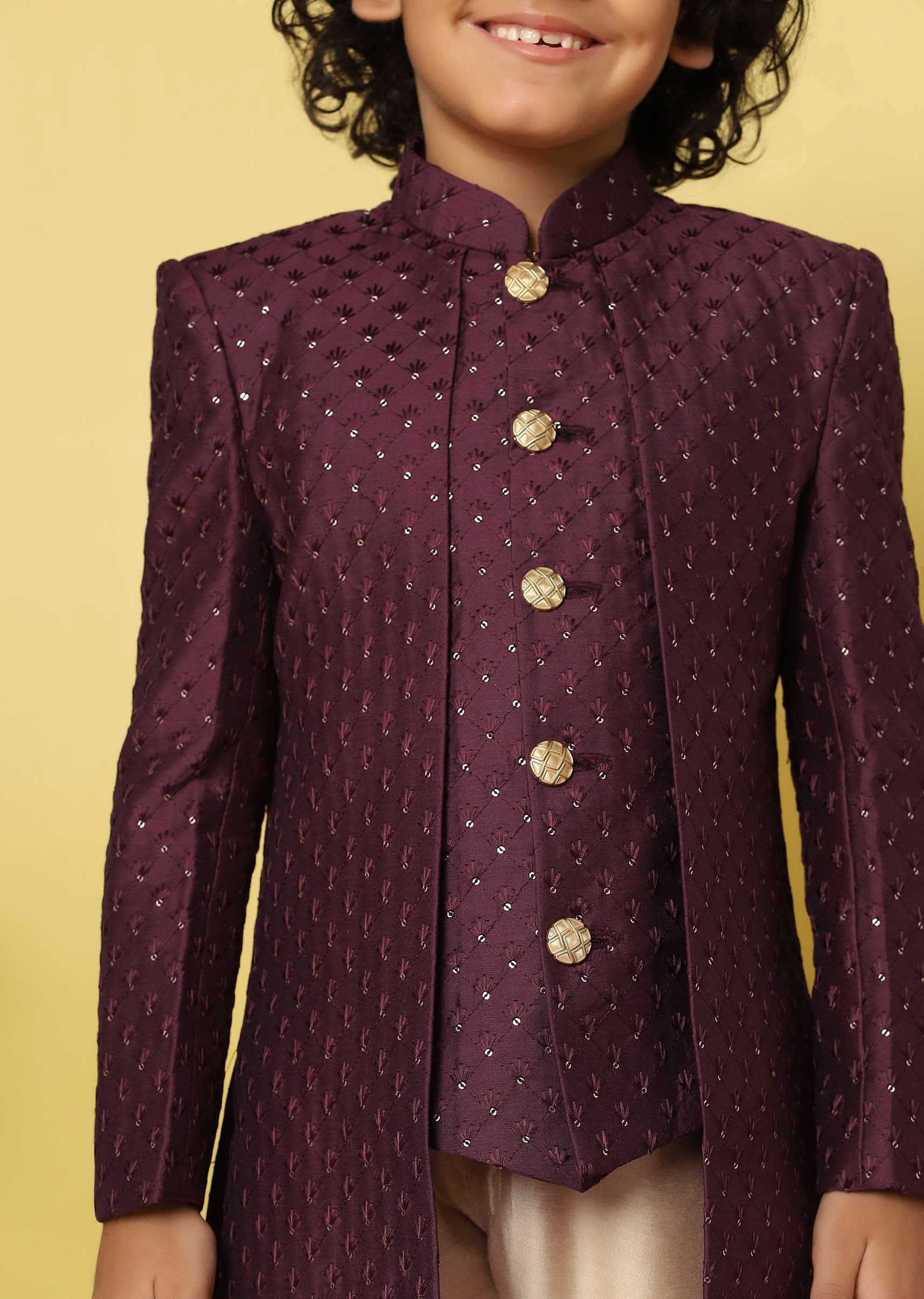 Kalki Wine Embroidered Sherwani Set In Raw Silk With Threadwork And Sequins For Boys - Image 2