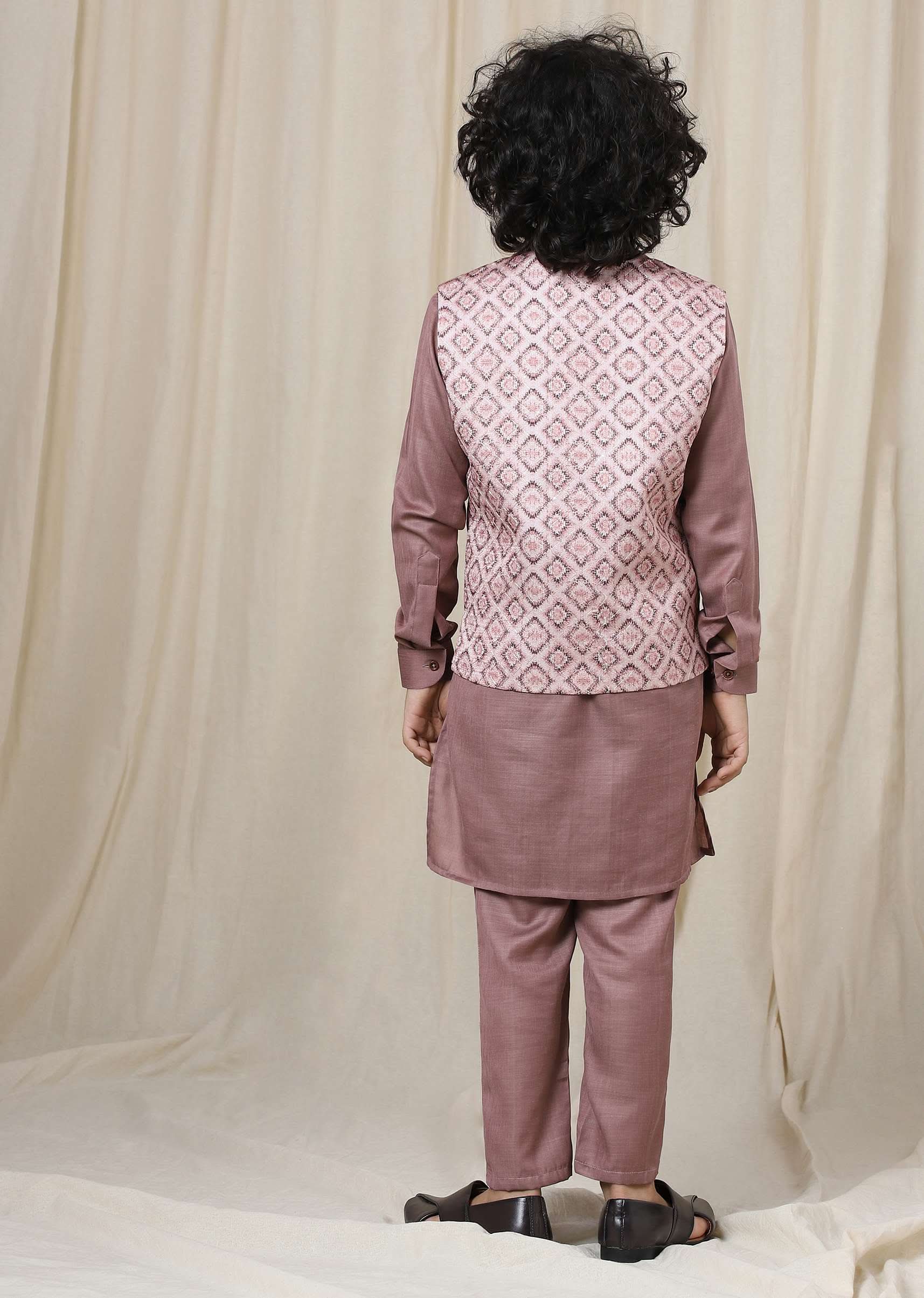 Kalki Woodrose Purple Kurta Set With Printed Bandi Jacket In Silk For Boys - Image 5