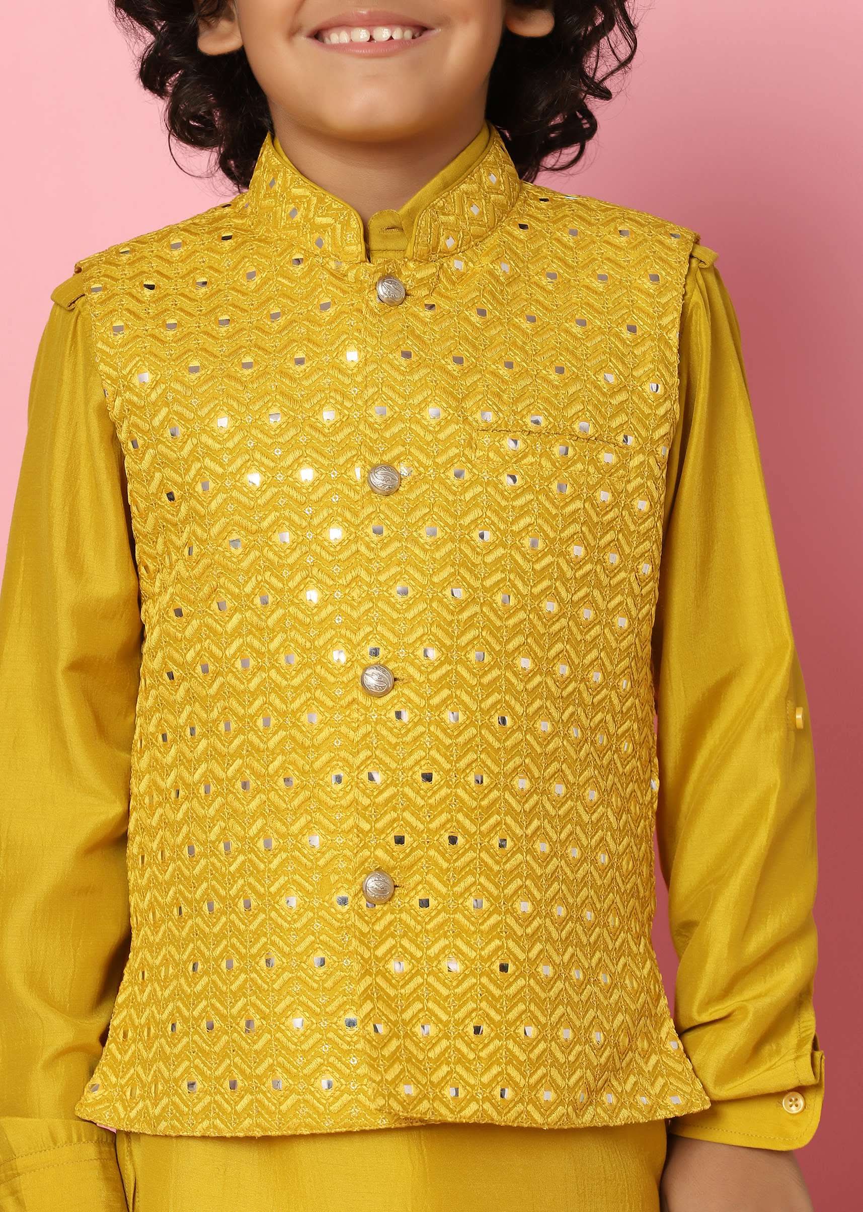 Kalki Yellow Embroidered Bandi Jacket Set With Abla Work For Boys - Image 2