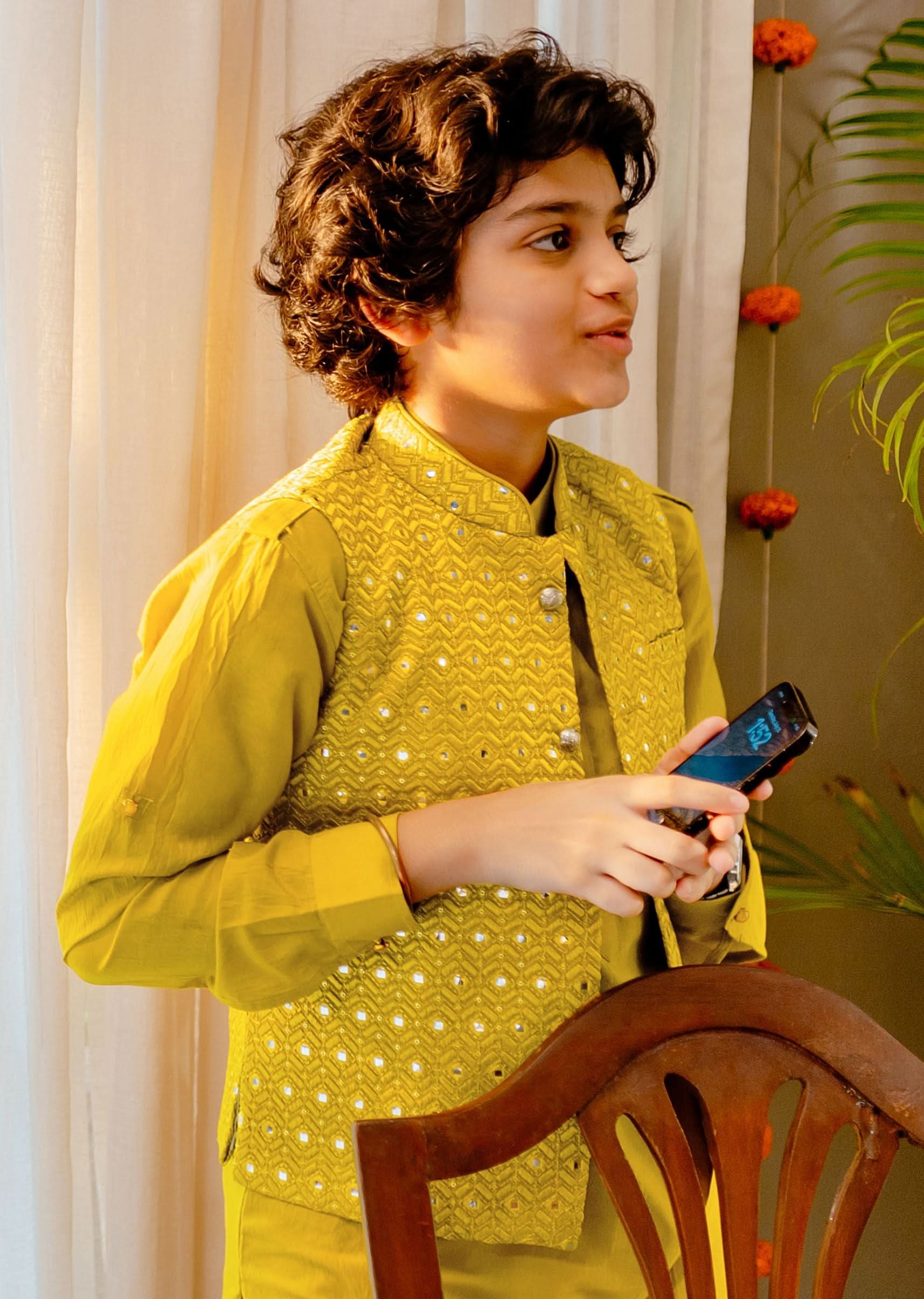 Kalki Yellow Embroidered Bandi Jacket Set With Abla Work For Boys - Image 5
