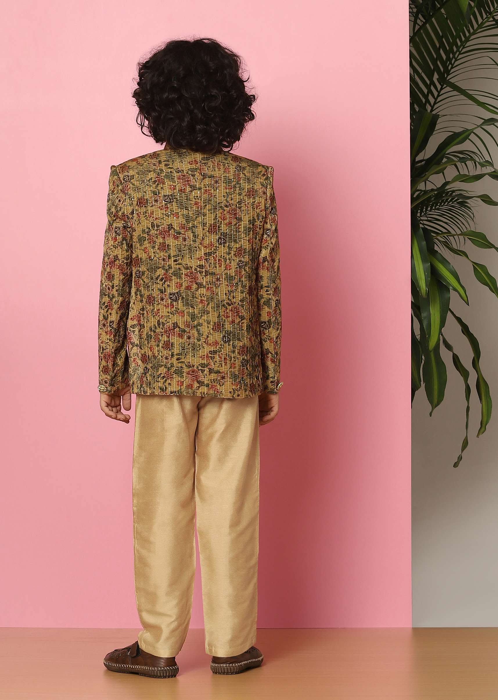 Kalki Yellow Velvet Sherwani Set With Sequins And Floral Print For Boys - Image 5